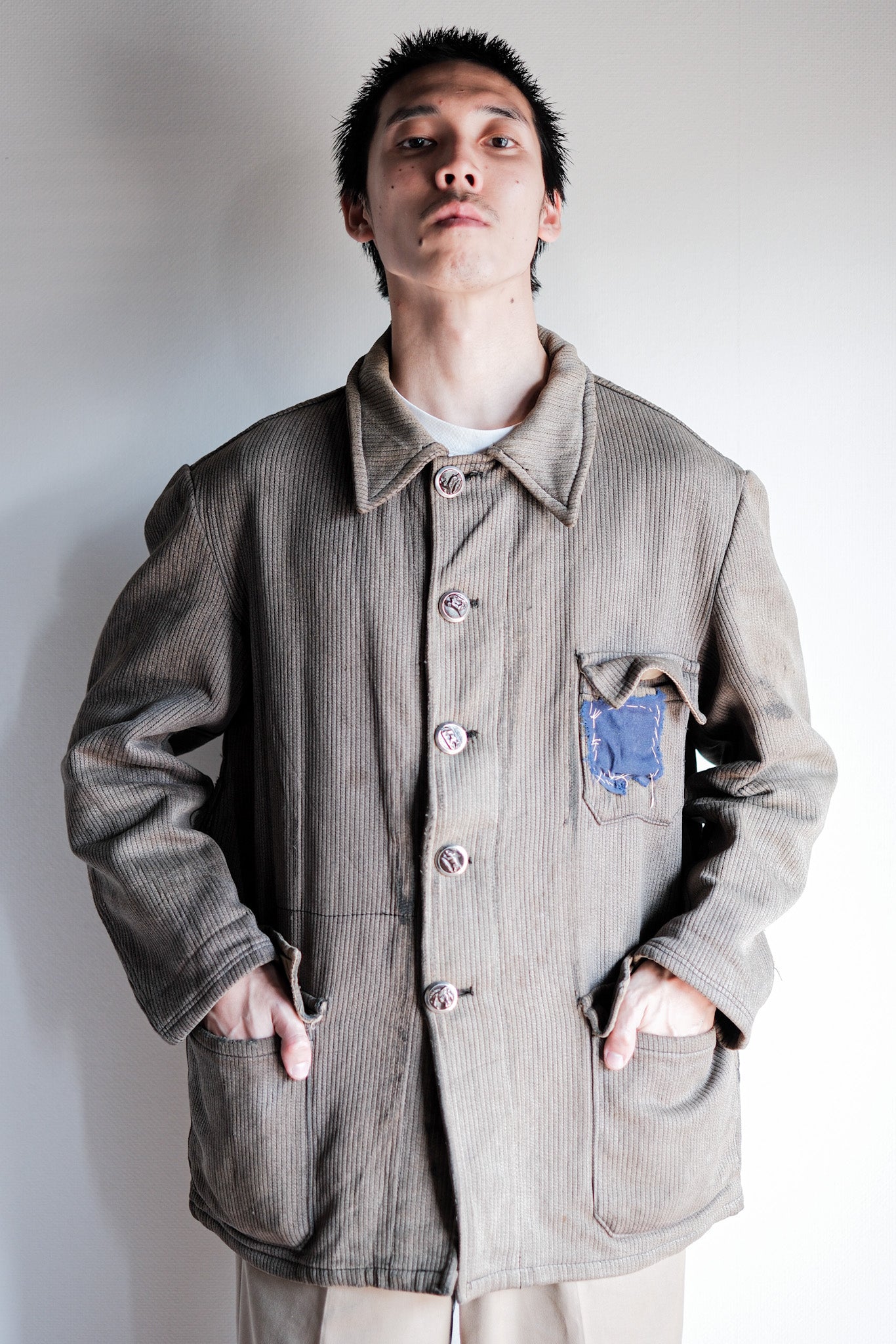 【~60's】French Vintage Brown Gray Cotton Pique Hunting Jacket Size.46