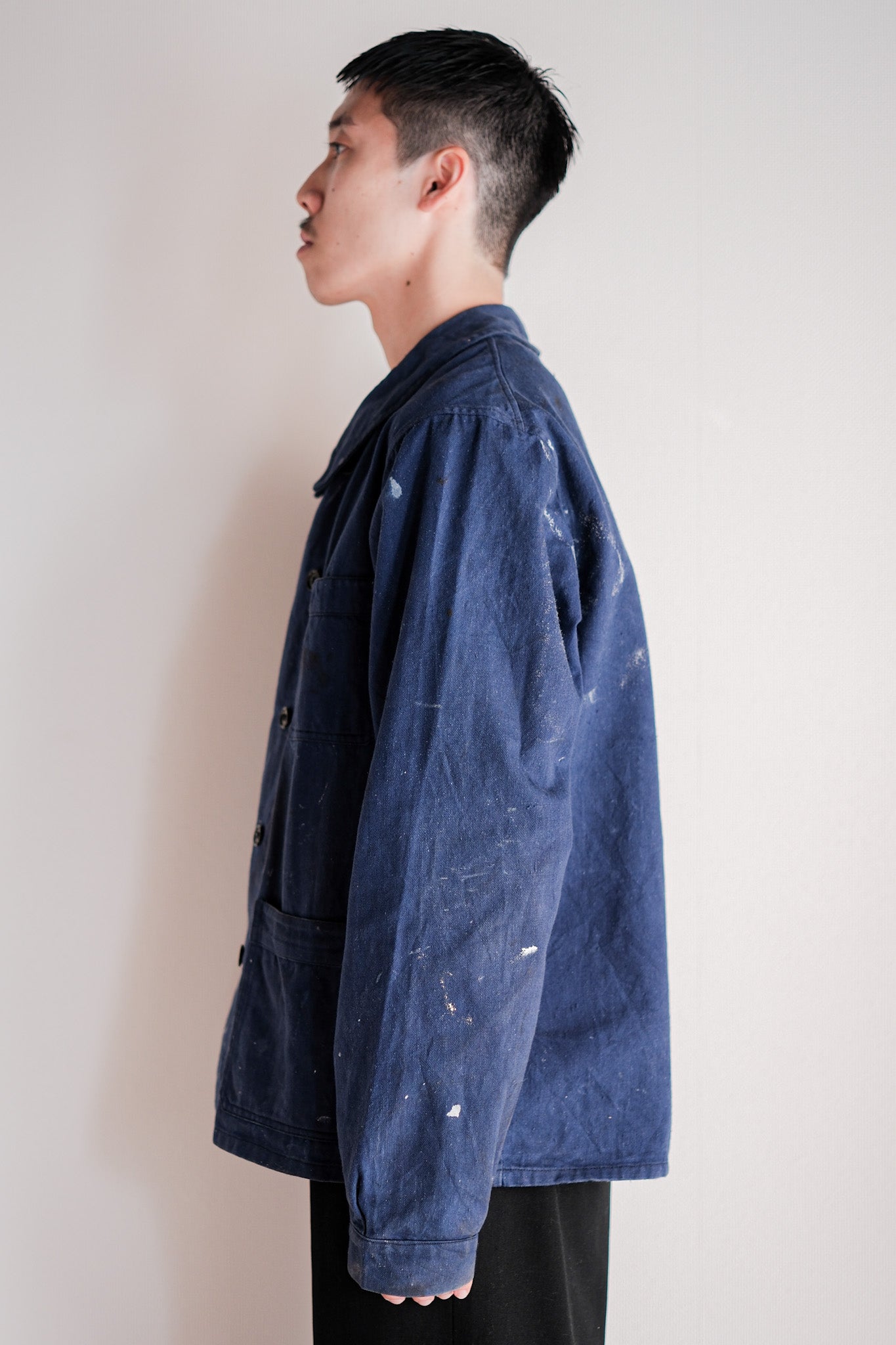 ［~50's］French Vintage Double Breasted Indigo Cotton Twill Work Jacket "Crazy Paint"
