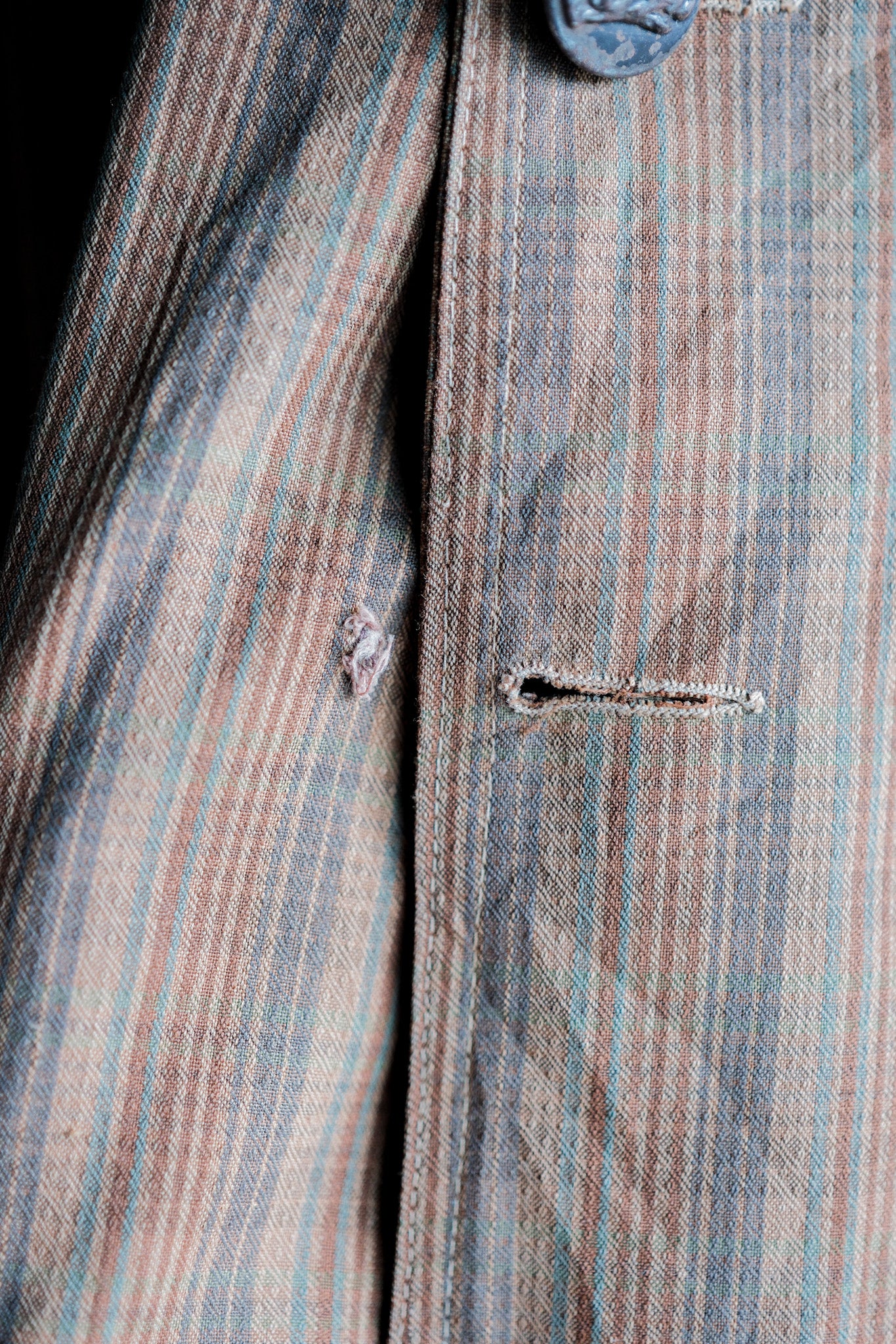 ［~50's］French Vintage Brown Cotton Striped Raglan Sleeve Hunting Jacket With Chin Strap "Unusual Pattern"