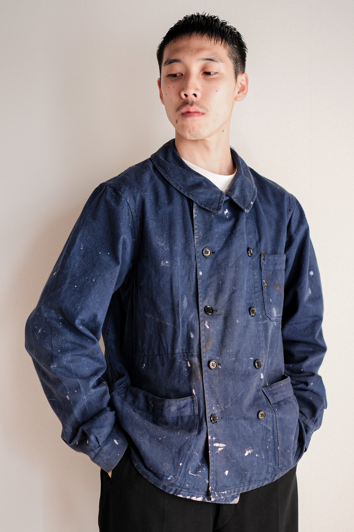 ［~50's］French Vintage Double Breasted Indigo Cotton Twill Work Jacket "Crazy Paint"