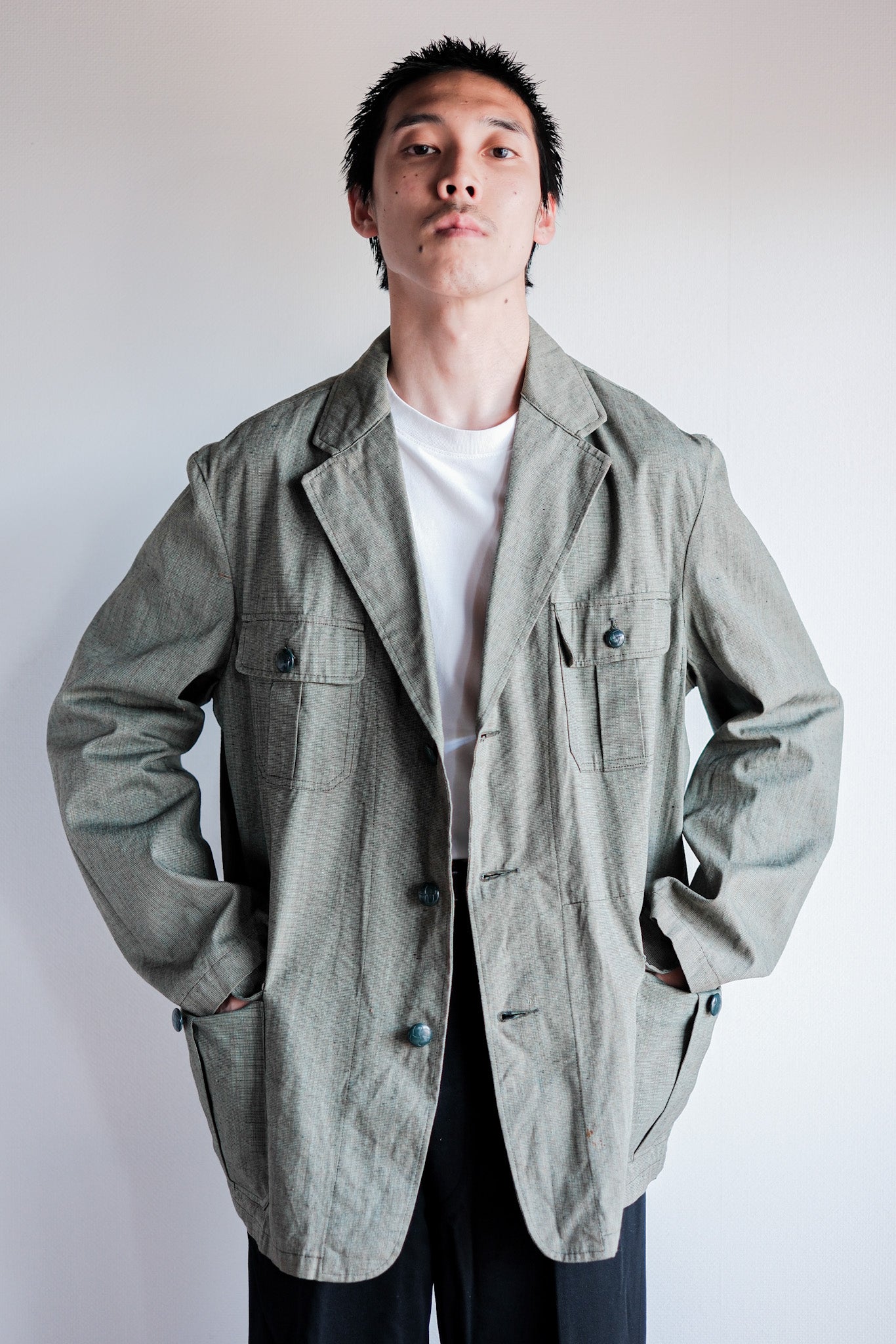 ［~40's］German Vintage Green Chambray 4 Pockets Lapel Work Jacket “Dead Stock”