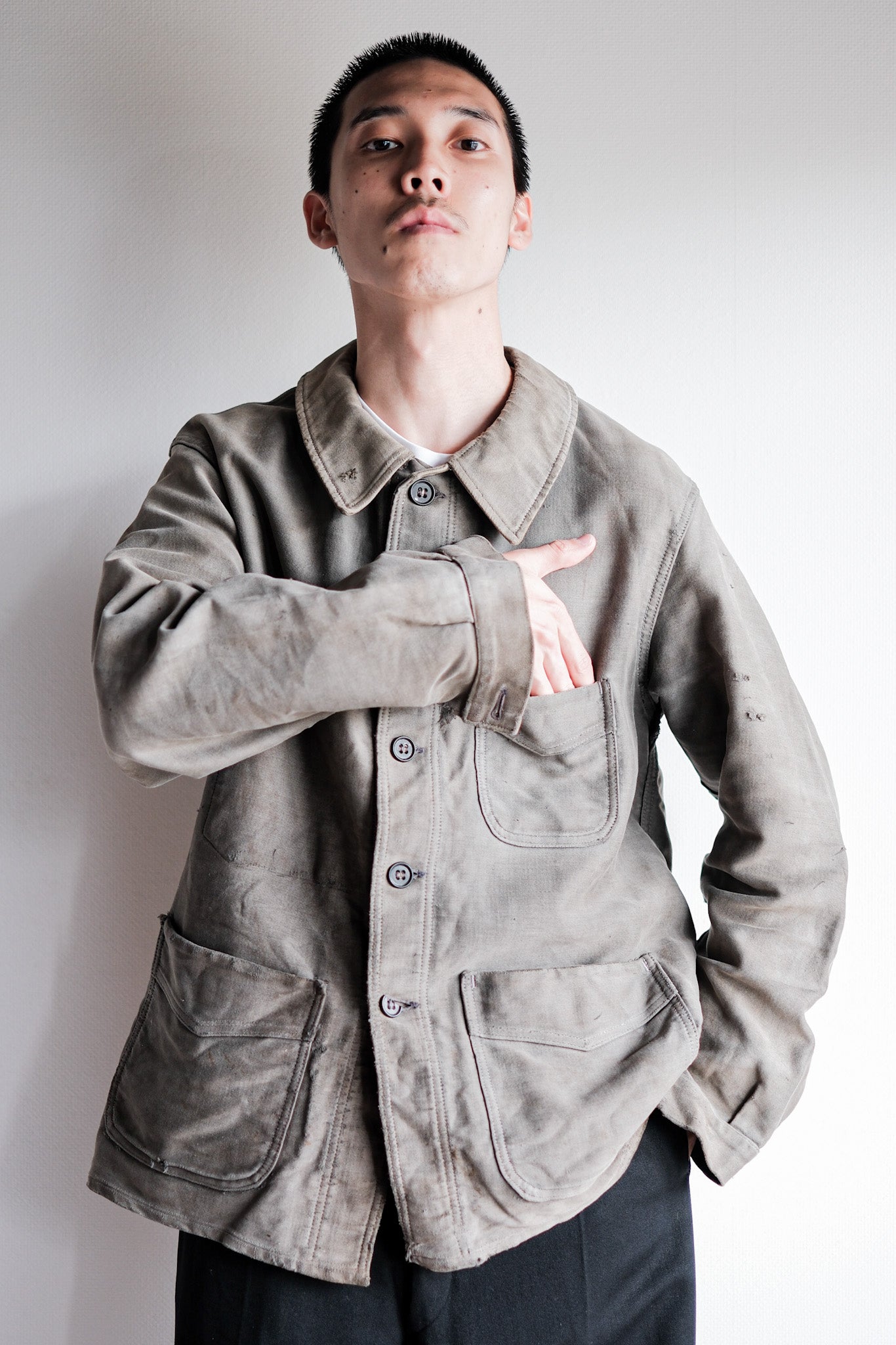 40's] French Vintage Black Moleskin Work Jacket 