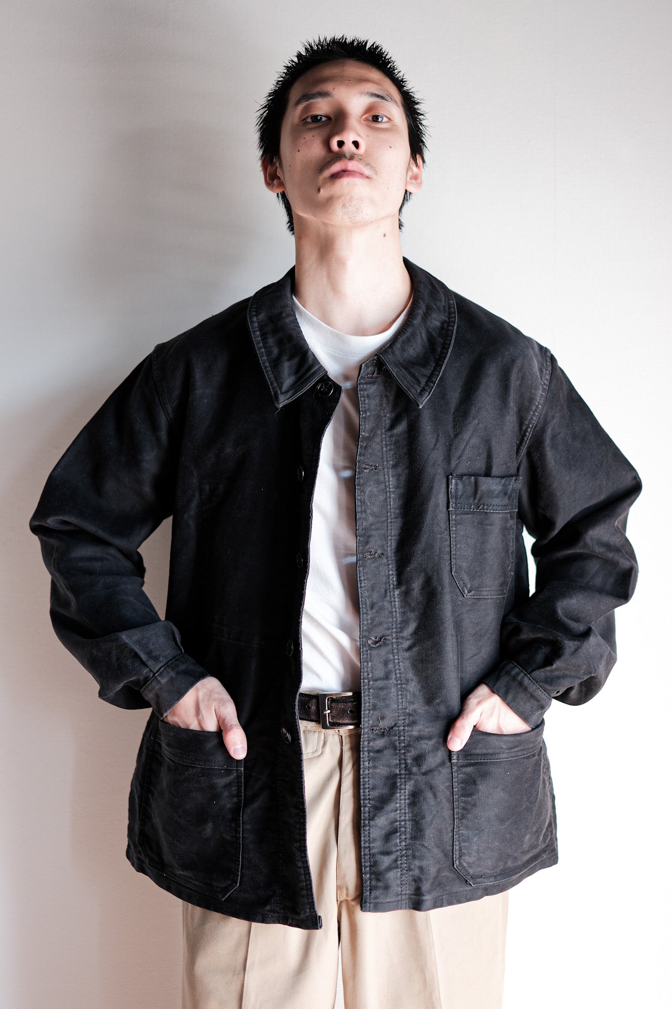 [~ 60 년대] 프랑스 빈티지 블랙 몰스킨 작업 재킷 크기 .50