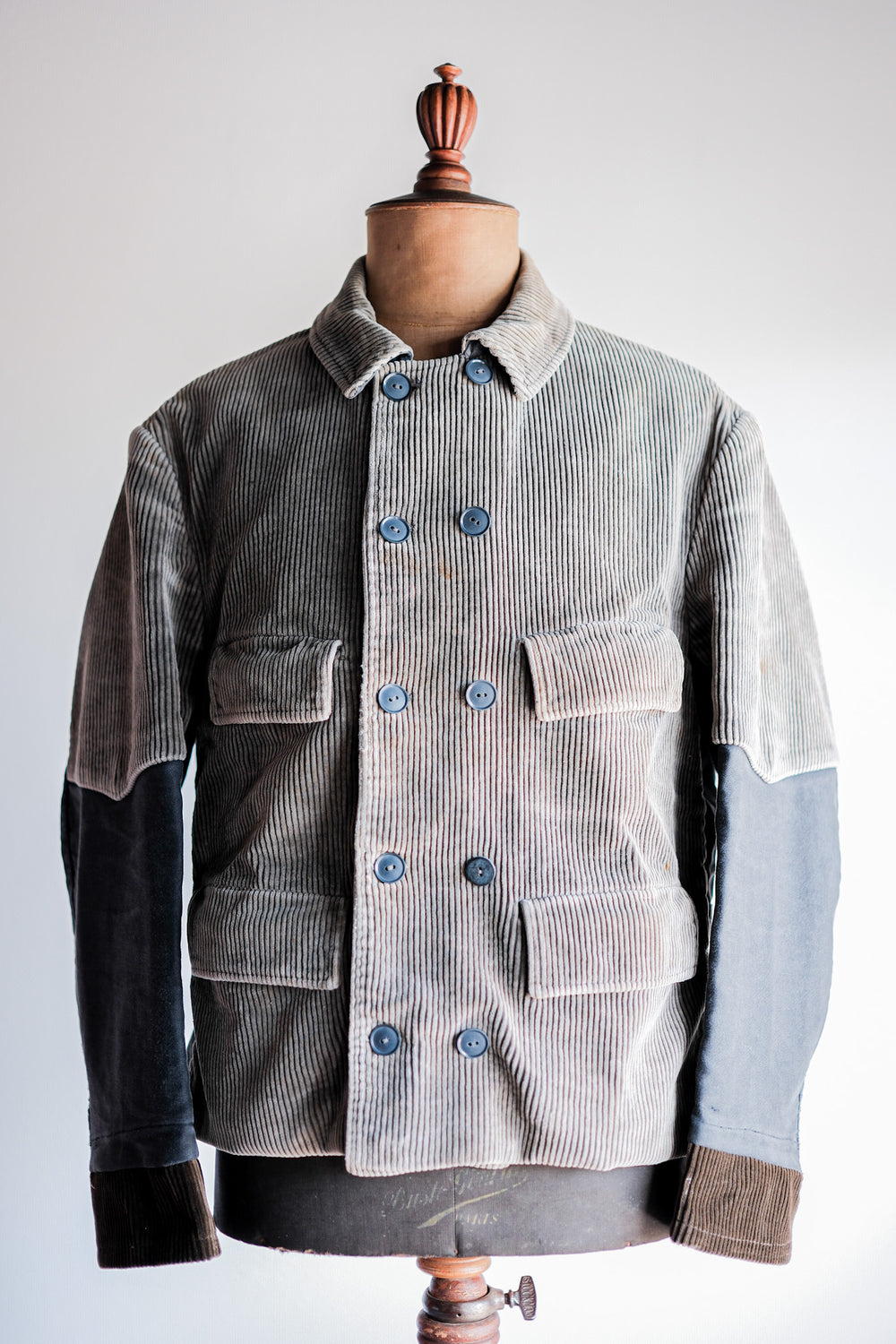 【~50's】Belgium Vintage Brown Corduroy × Black Moleskin Double Breasted Work Jacket