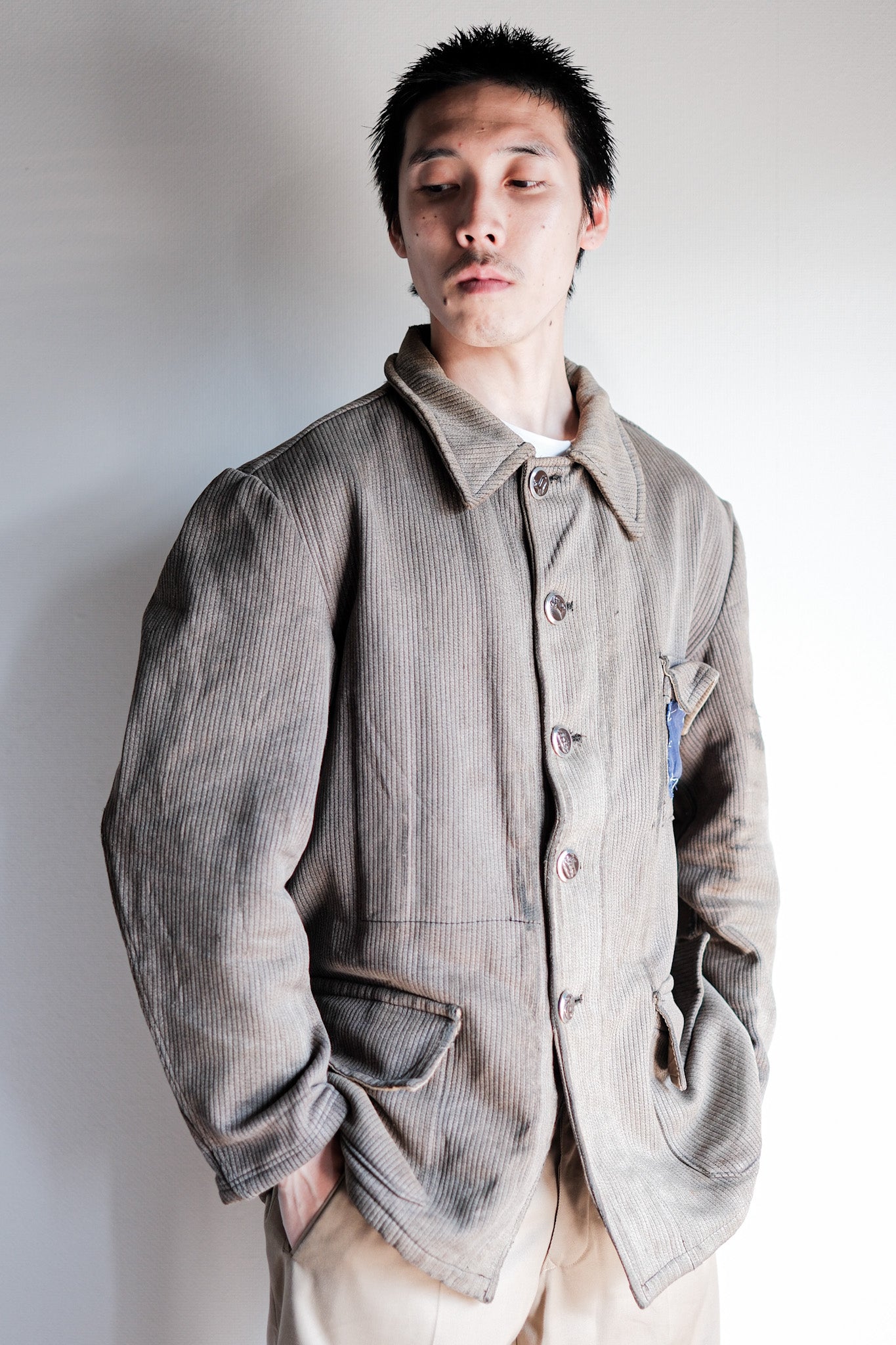 【~60's】French Vintage Brown Gray Cotton Pique Hunting Jacket Size.46