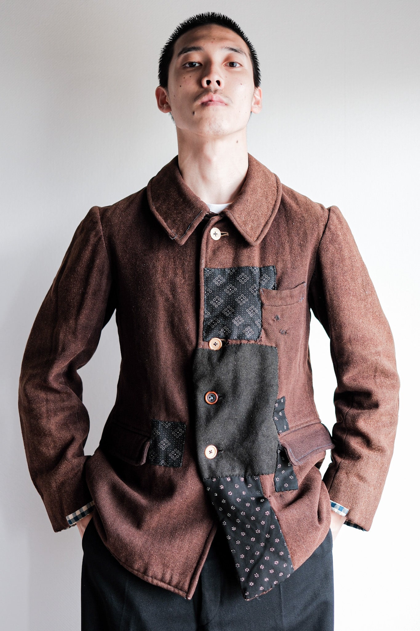 【~20's】French Vintage Brown Wool Work Jacket "Patchwork"