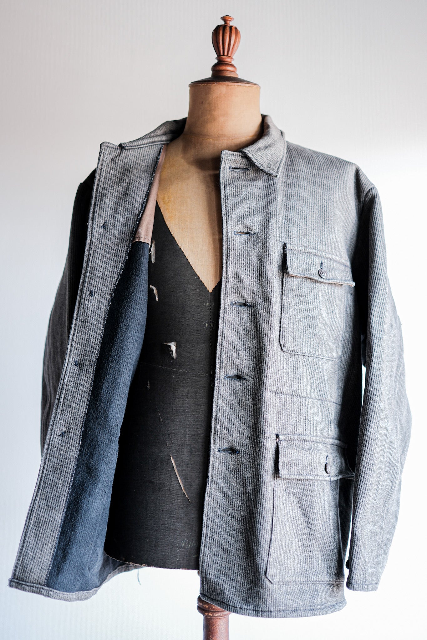 ［~60's］French Vintage Brown Gray Salt & Pepper Cotton Pique Hunting Jacket "Le Mont St. Michel"