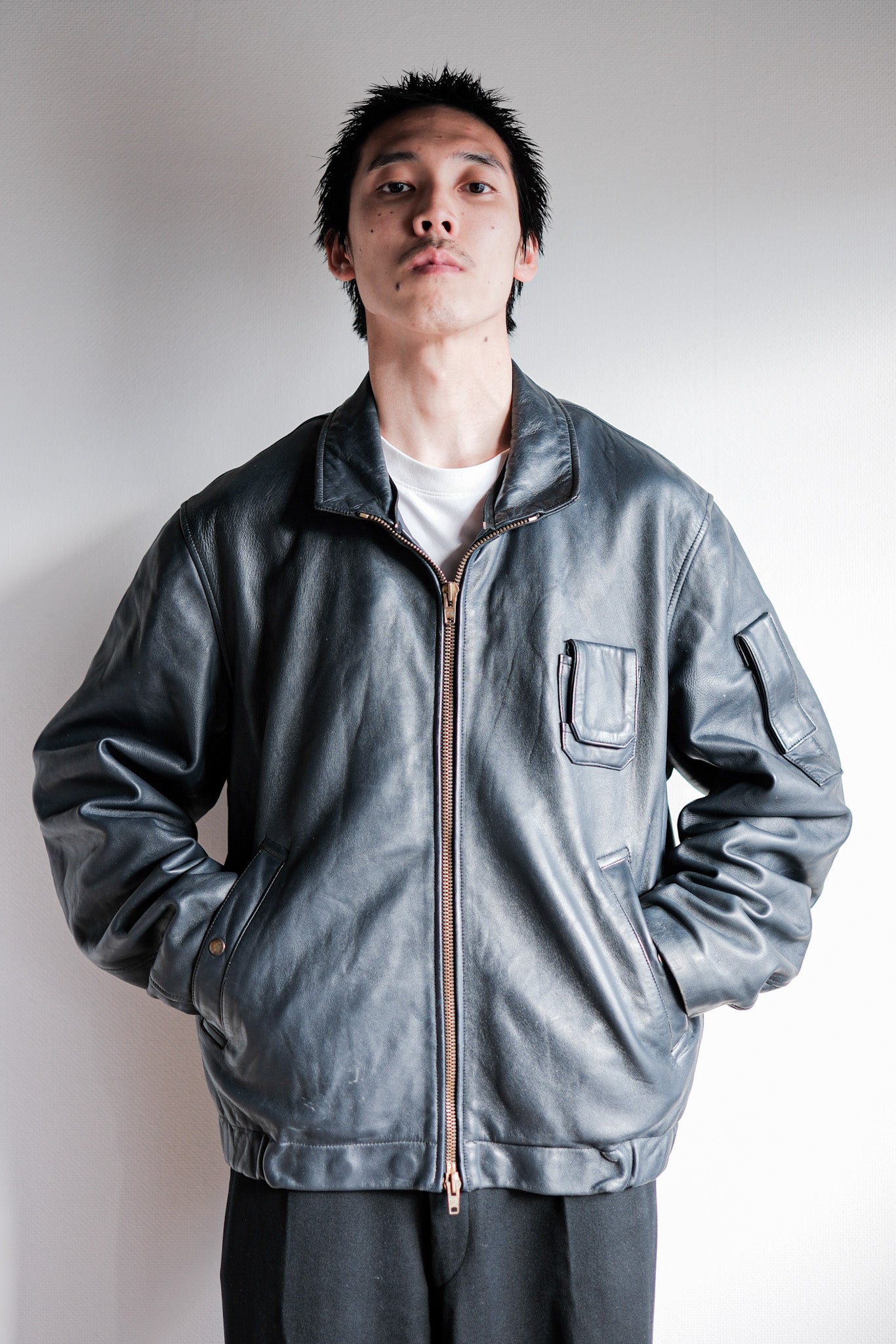 【~70's】French Air Force Pilot Leather Jacket With Chin Strap Size.100L
