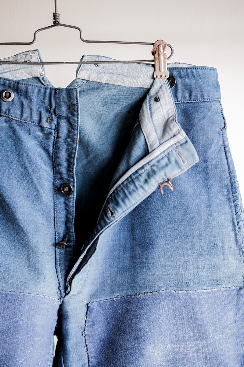 【~30's】French Vintage Blue Moleskin Work Pants "Patchwork"