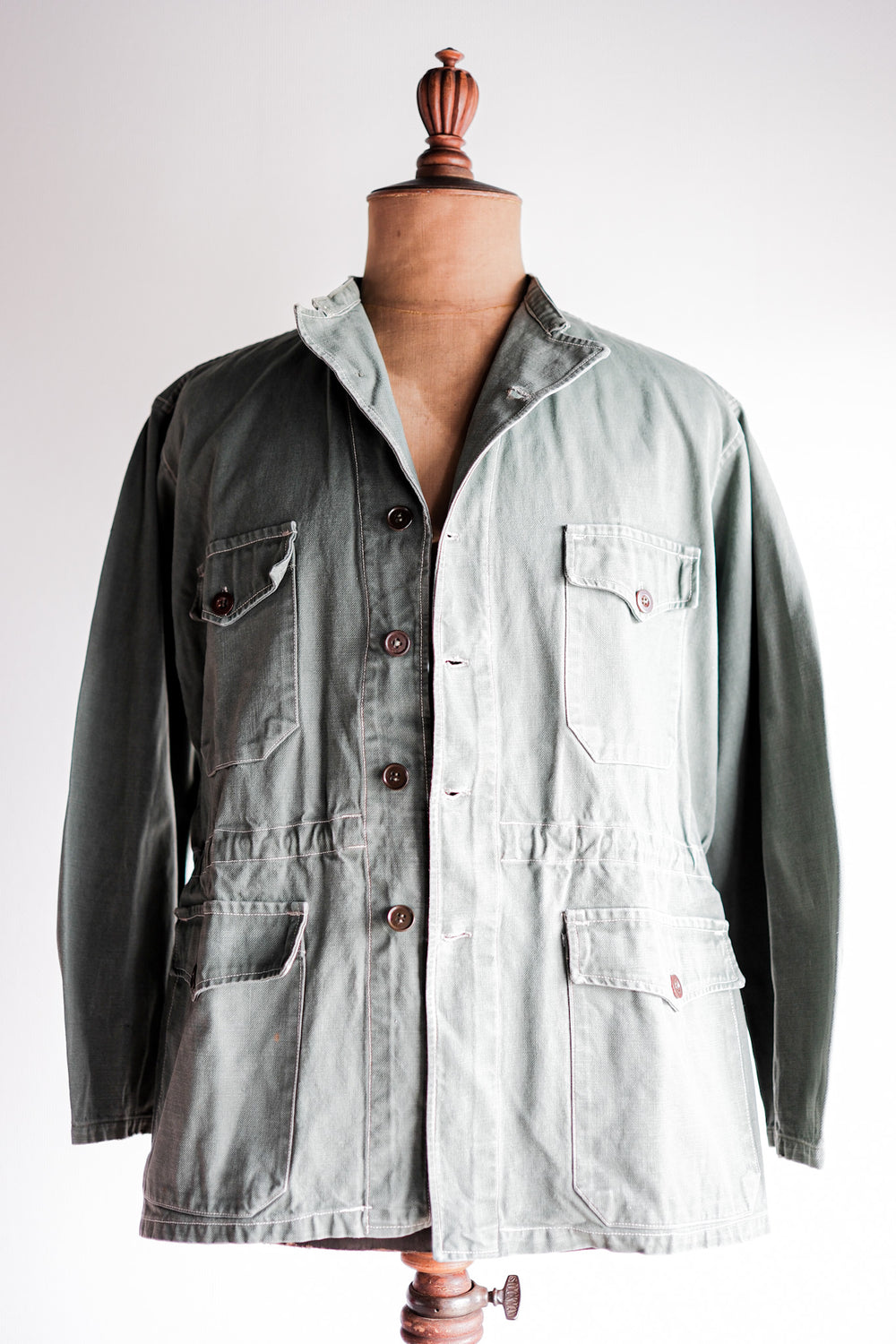【~50's】French Vintage Green Cotton Twill 4 Pockets Work Jacket "Unusual Pattern"