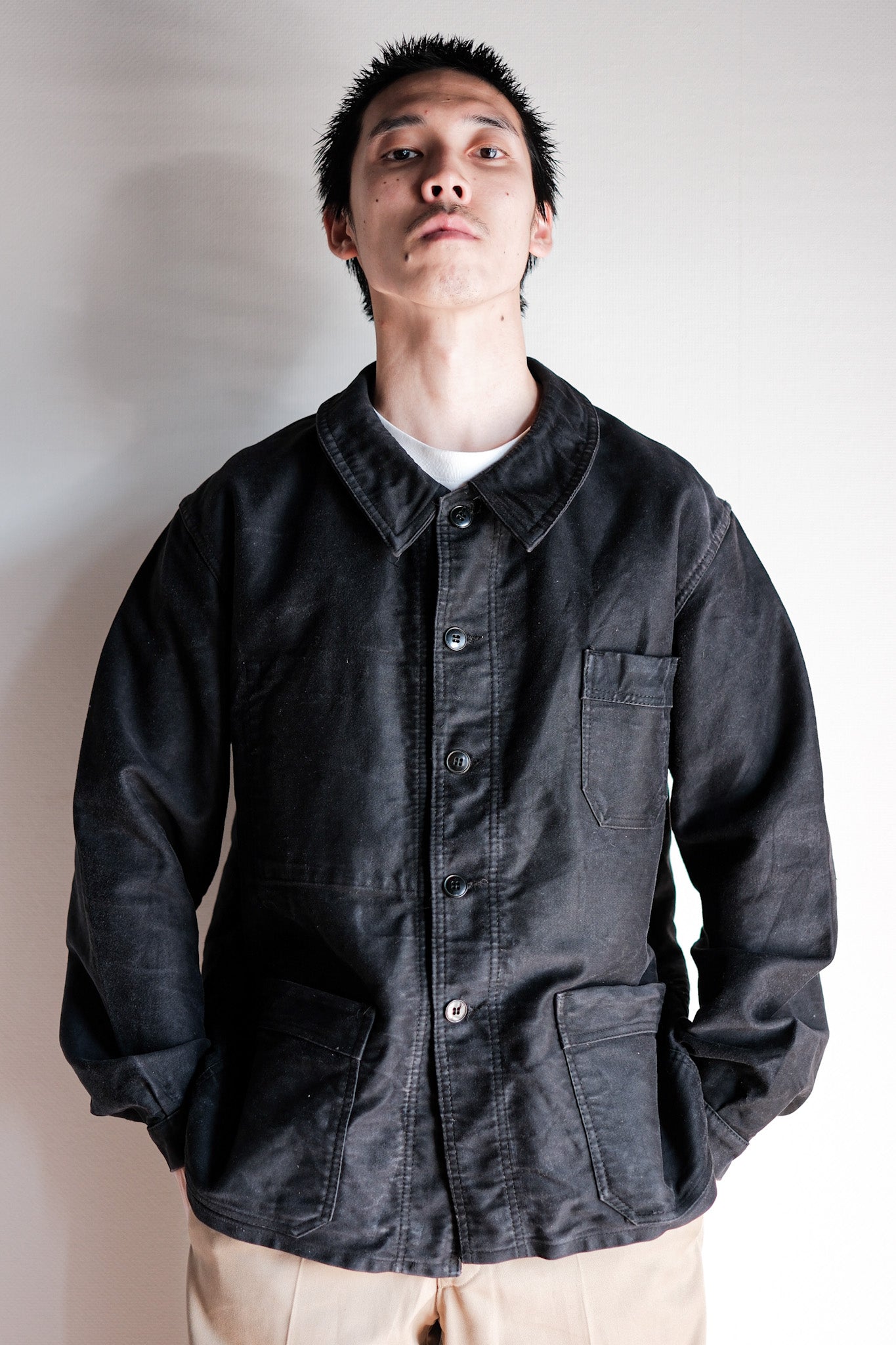 [~ 60 년대] 프랑스 빈티지 블랙 몰스킨 작업 재킷 크기 .50