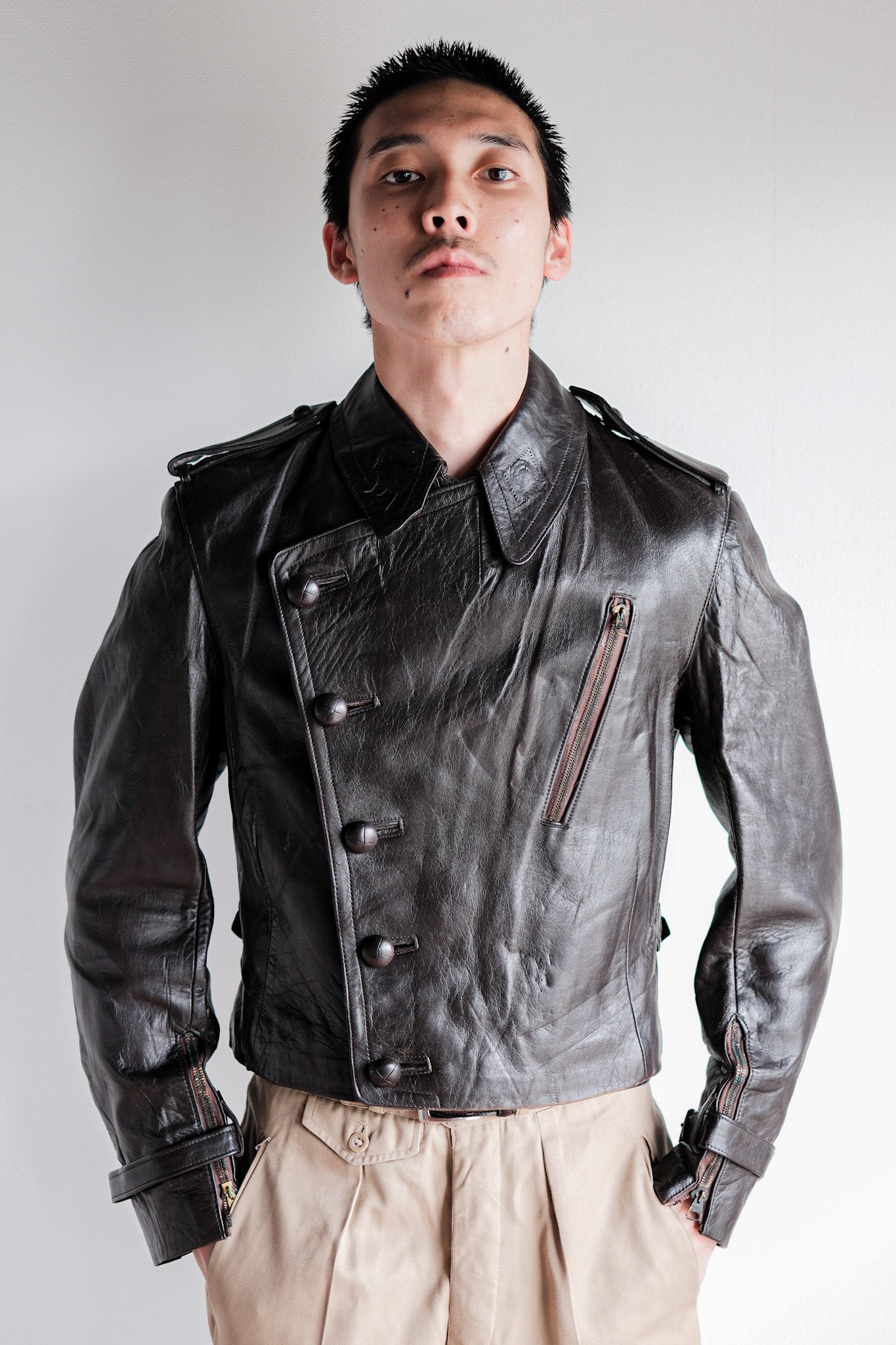 [~ 40's] French Vintage Motorcycle Leather Veste Taille.4 "MORT STOCK"