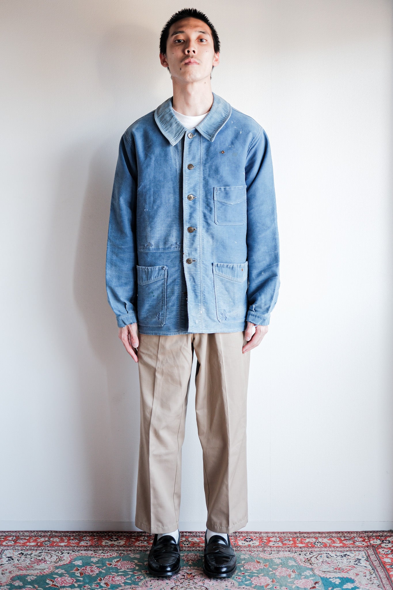 [~ 40's] French Vintage Blue Moleskin Work Jacket "Le Mont St. Michel"