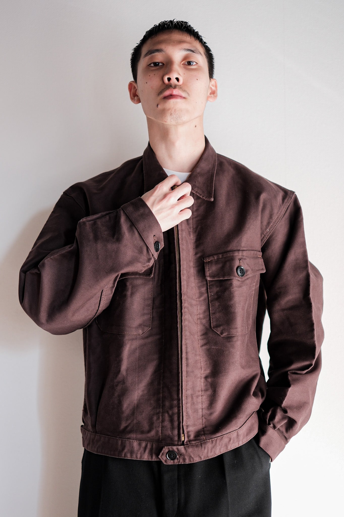 50's】French Vintage Brown Moleskin Cyclist Jacket Size.52 