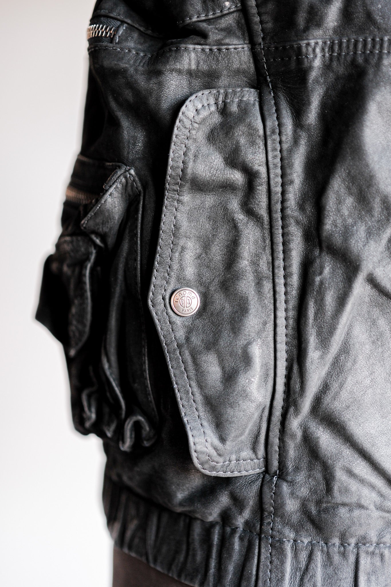 ［~90's］Old Renoma Paris Black Leather Detachable Sleeve Multi Pocket Jacket Size.M