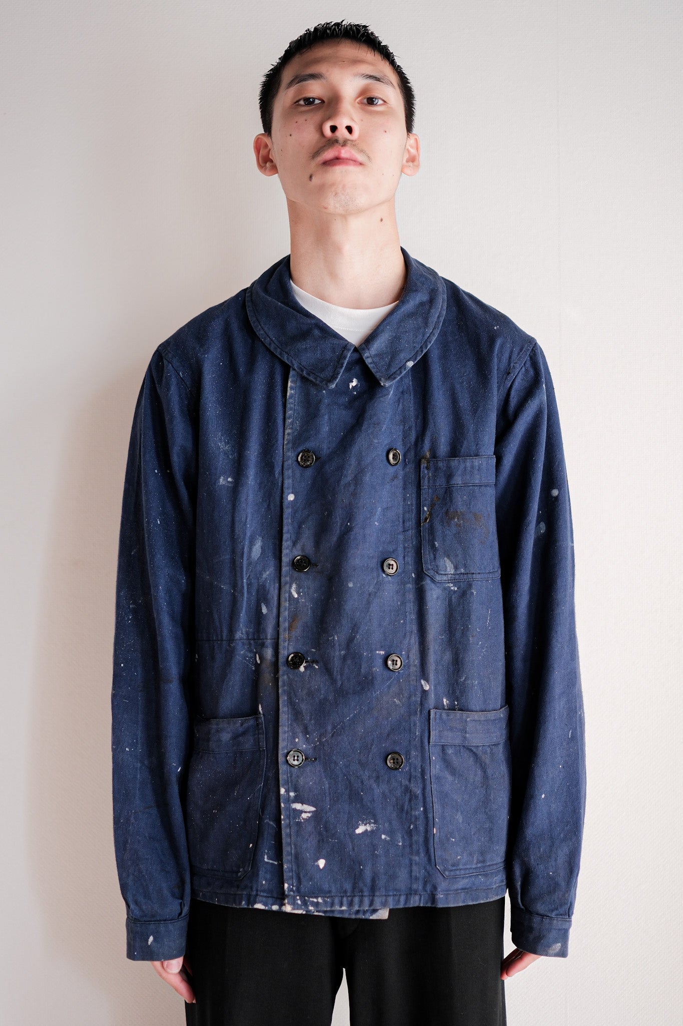［~50's］French Vintage Double Breasted Indigo Cotton Twill Work Jacket "Crazy Paint"