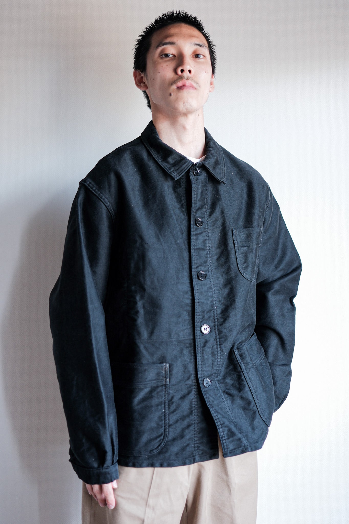 50's】French Vintage Black Moleskin Work Jacket Size.52 