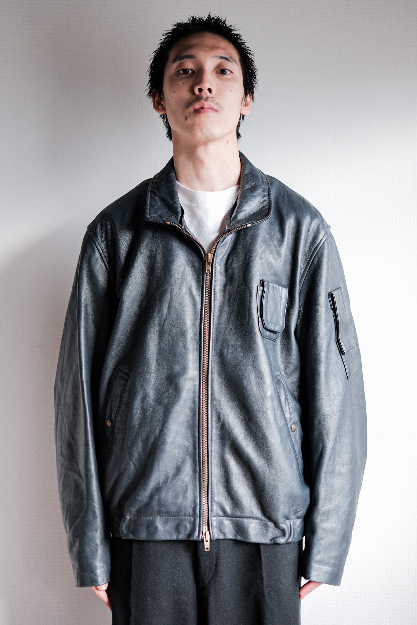 ［~70's］French Air Force Pilot Leather Jacket With Chin Strap Size.100L