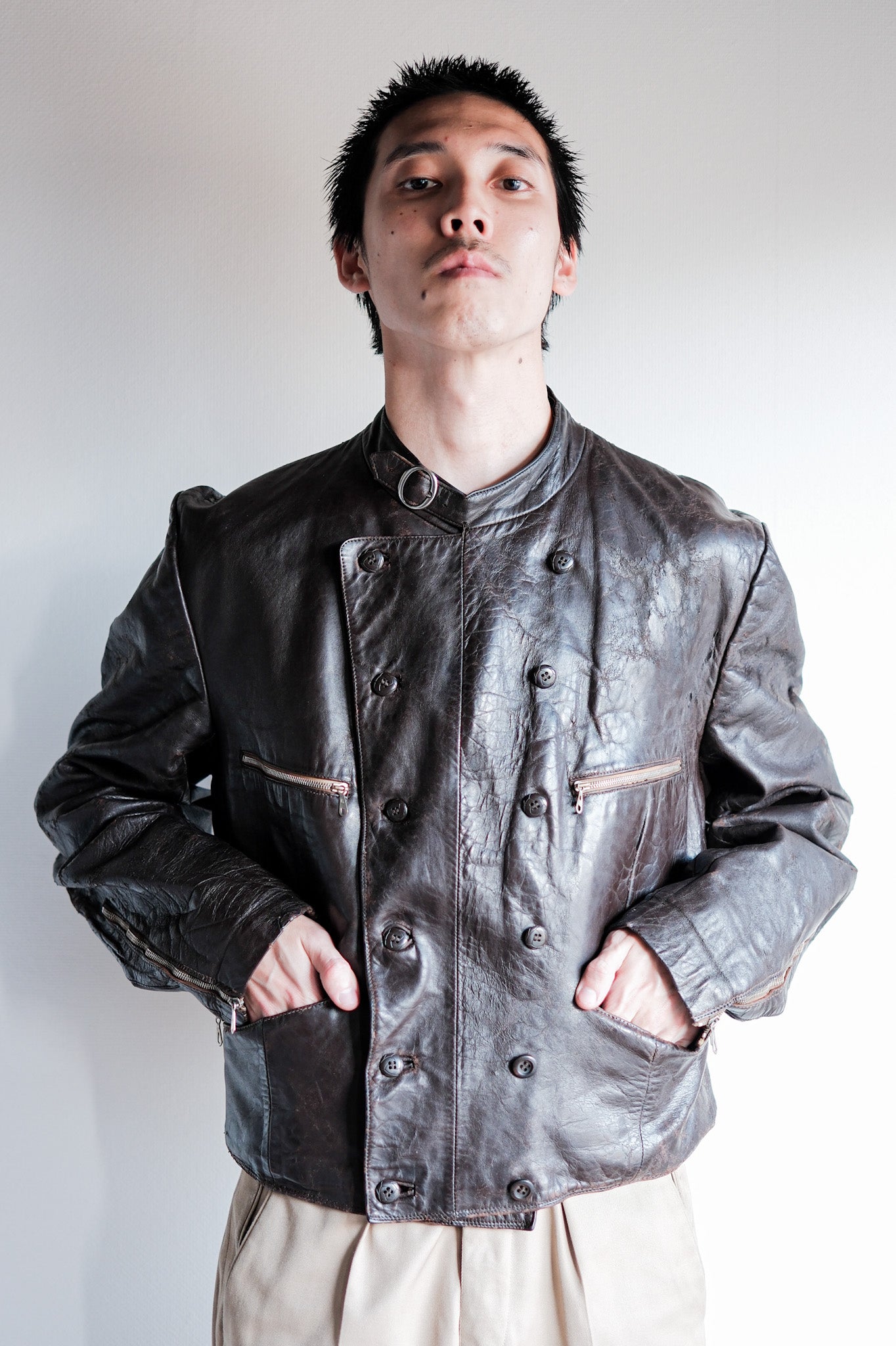 【~40's】German Vintage Double Breasted Motorcycle Leather Jacket