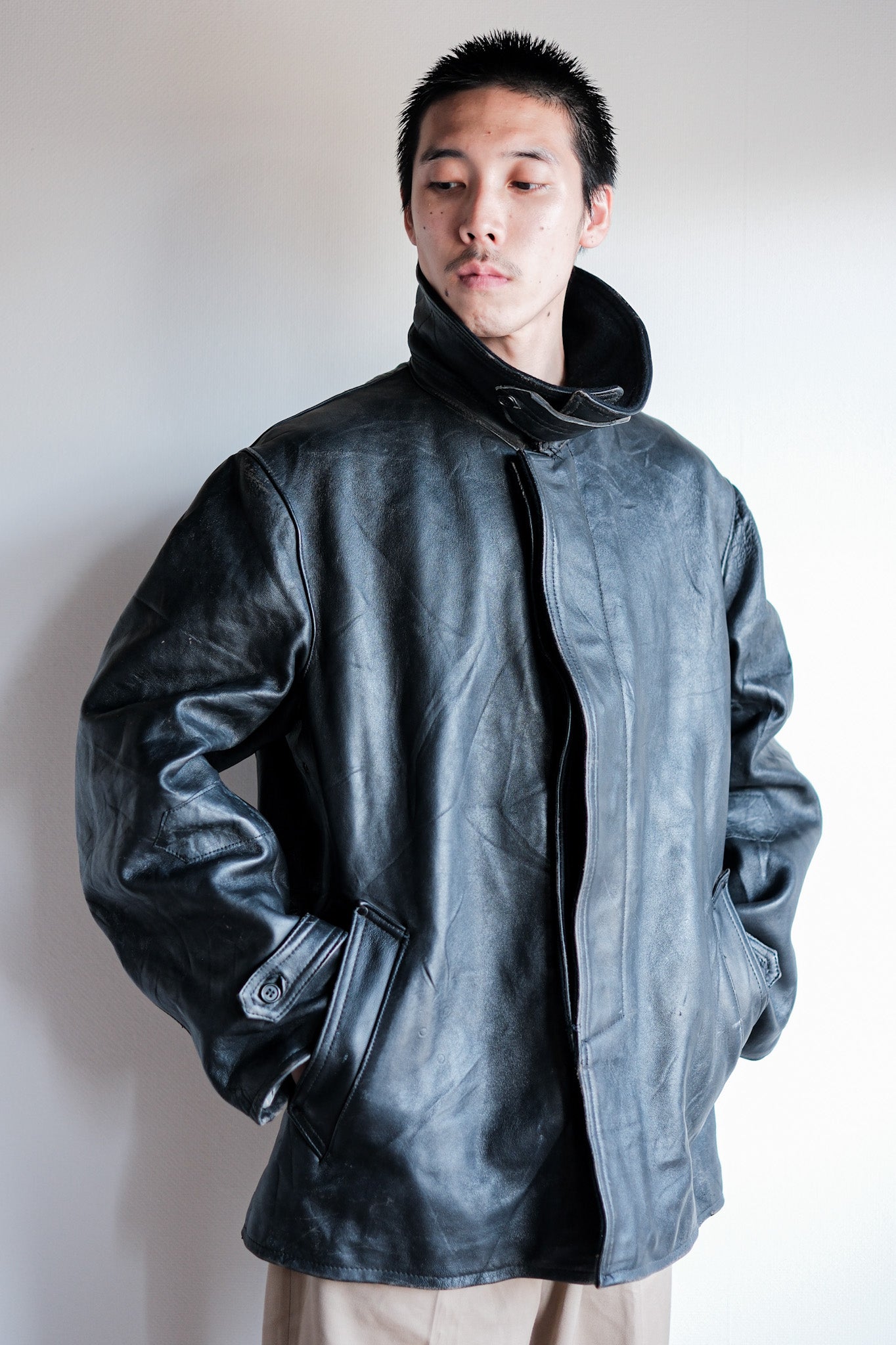 ［~60's］French Vintage Black Leather Work Jacket "Wool Collar"