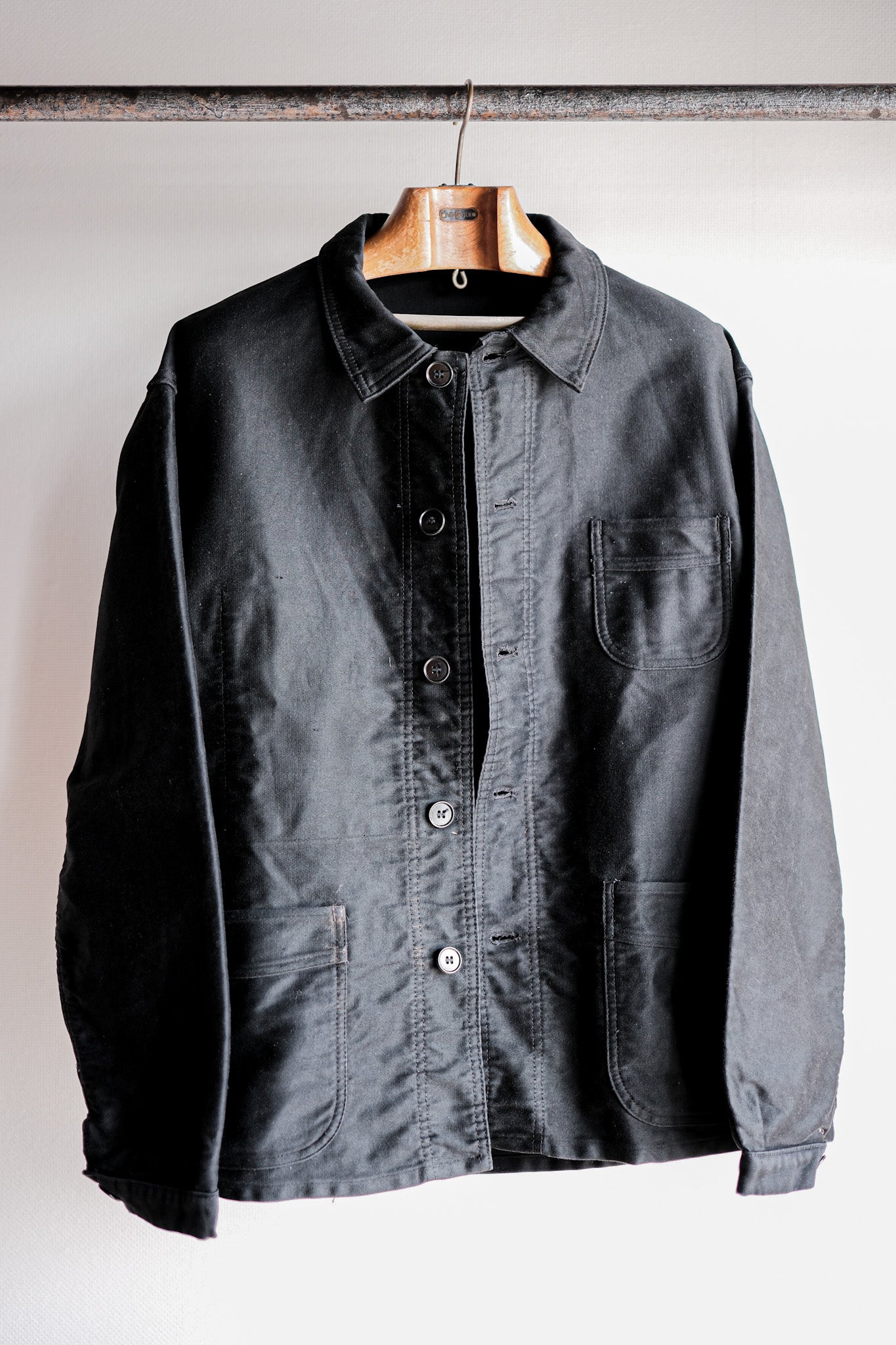 50's】French Vintage Black Moleskin Work Jacket Size.52 