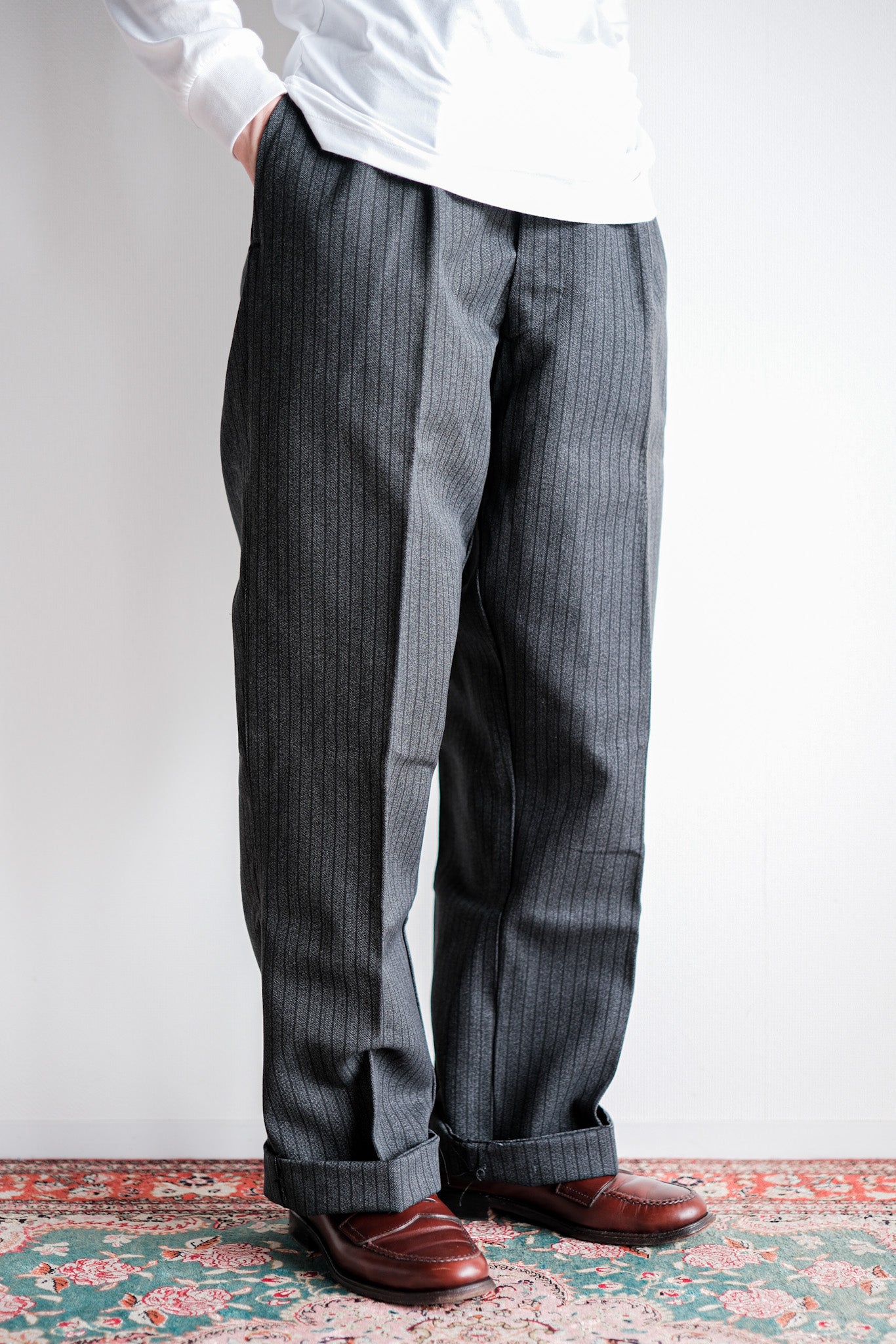 [〜40年代]法國復古鹽和胡椒棉條條紋工作褲“死紙”