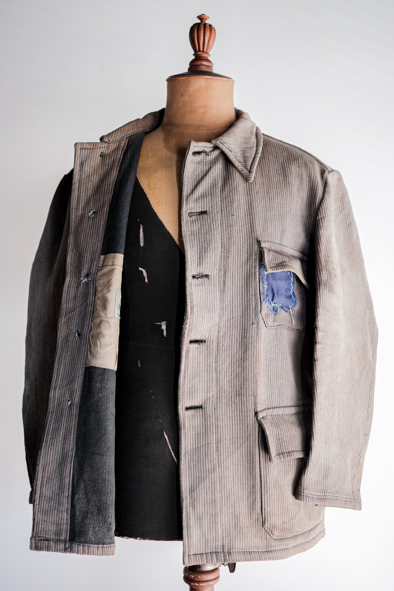 [〜60年代]法國復古棕色灰色棉花狩獵外套的尺寸。46