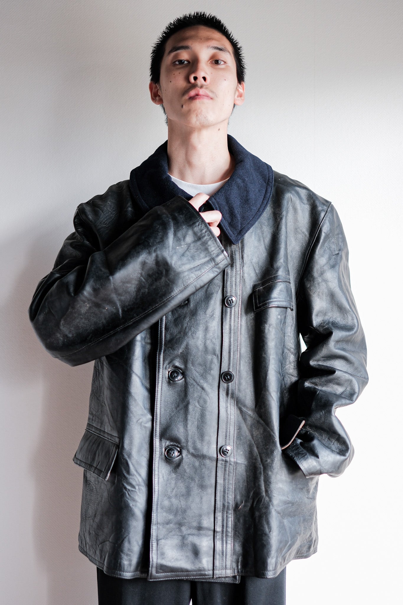 50's】French Vintage Le Corbusier Leather Work Jacket Wool Collar