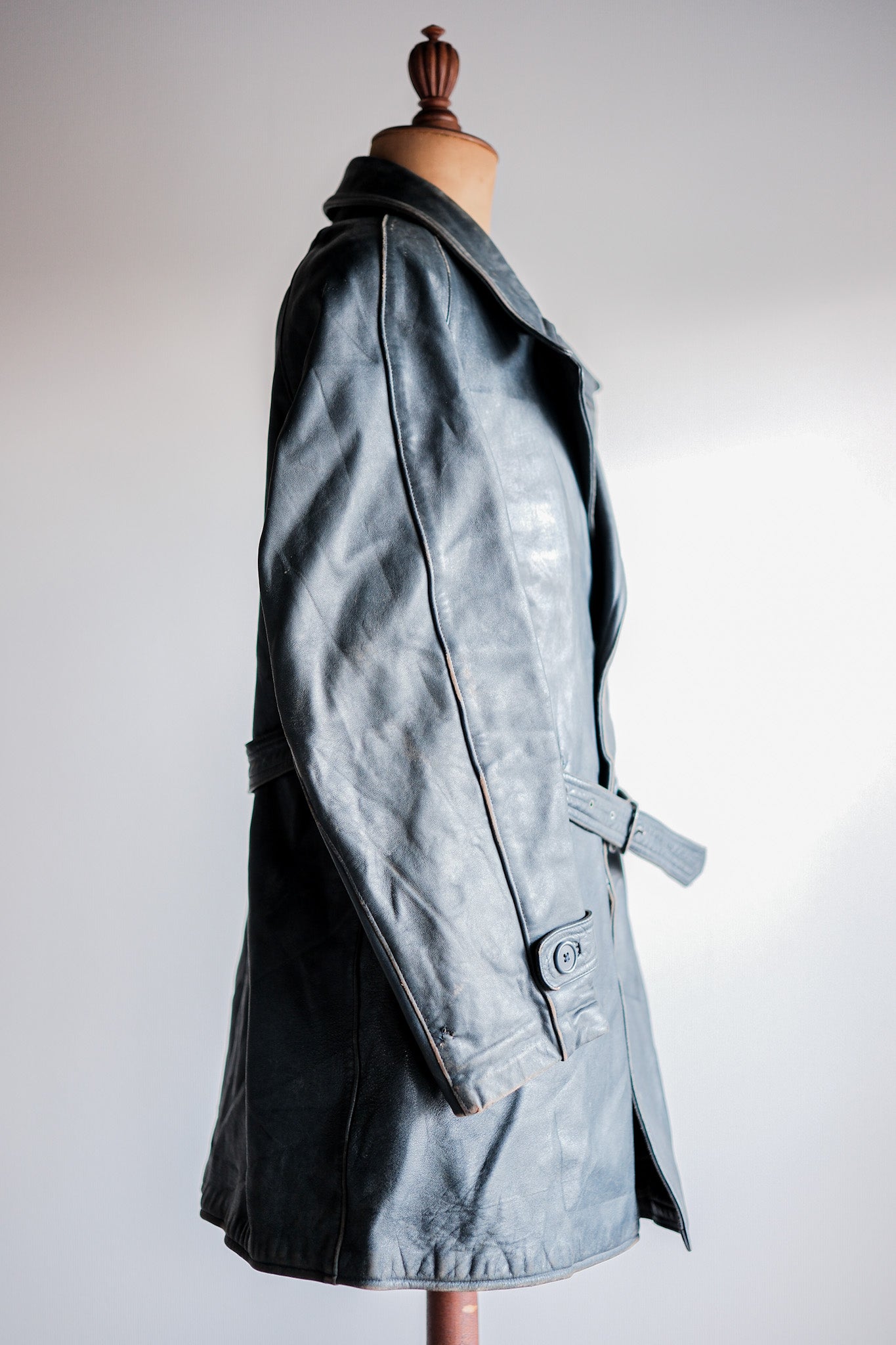 ［~50's］French Vintage Double Breasted Leather Work Coat With Chin Strap