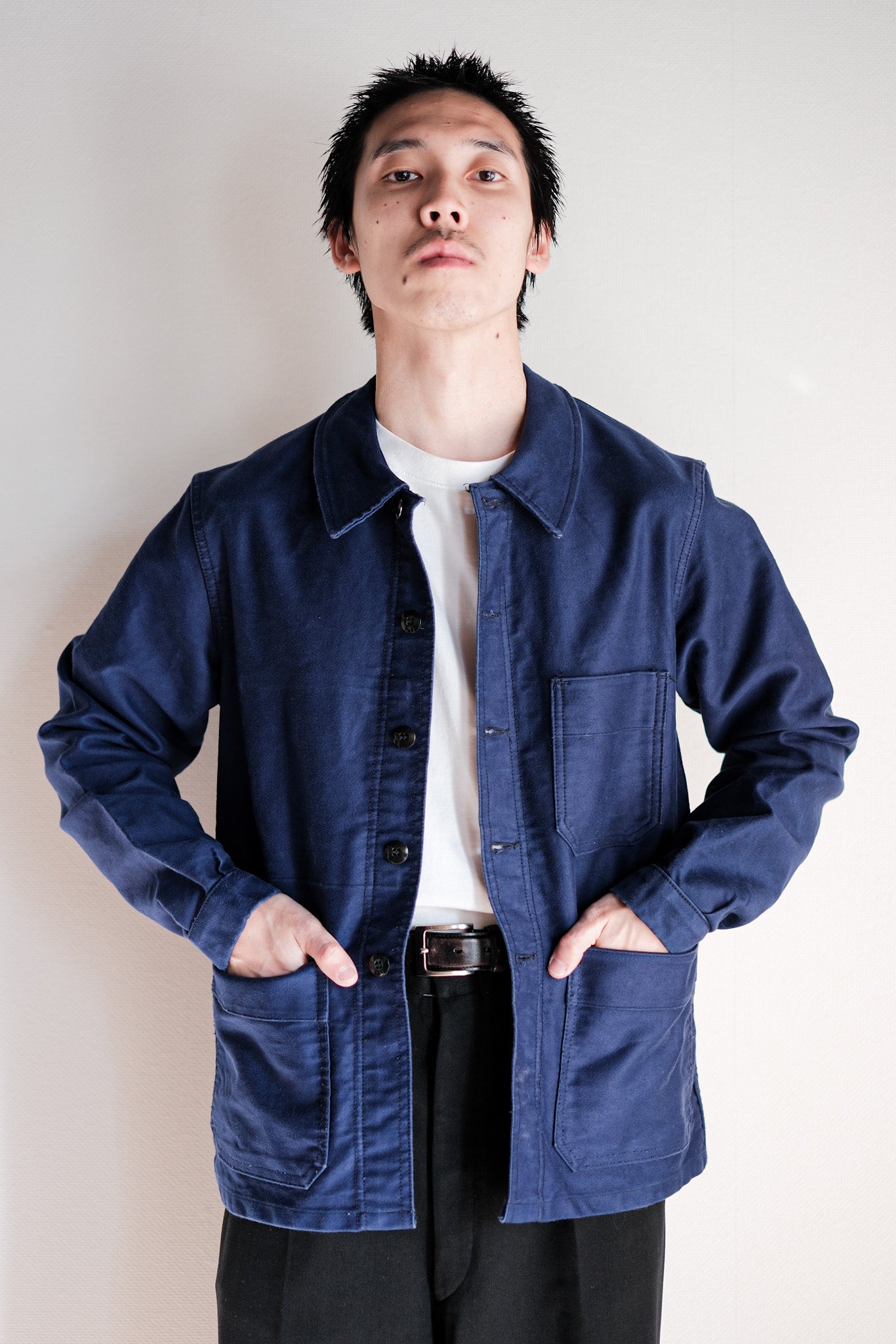 【~70's】French Vintage Blue Moleskin Work Jacket Size.40 "Le Mont St. Michel"