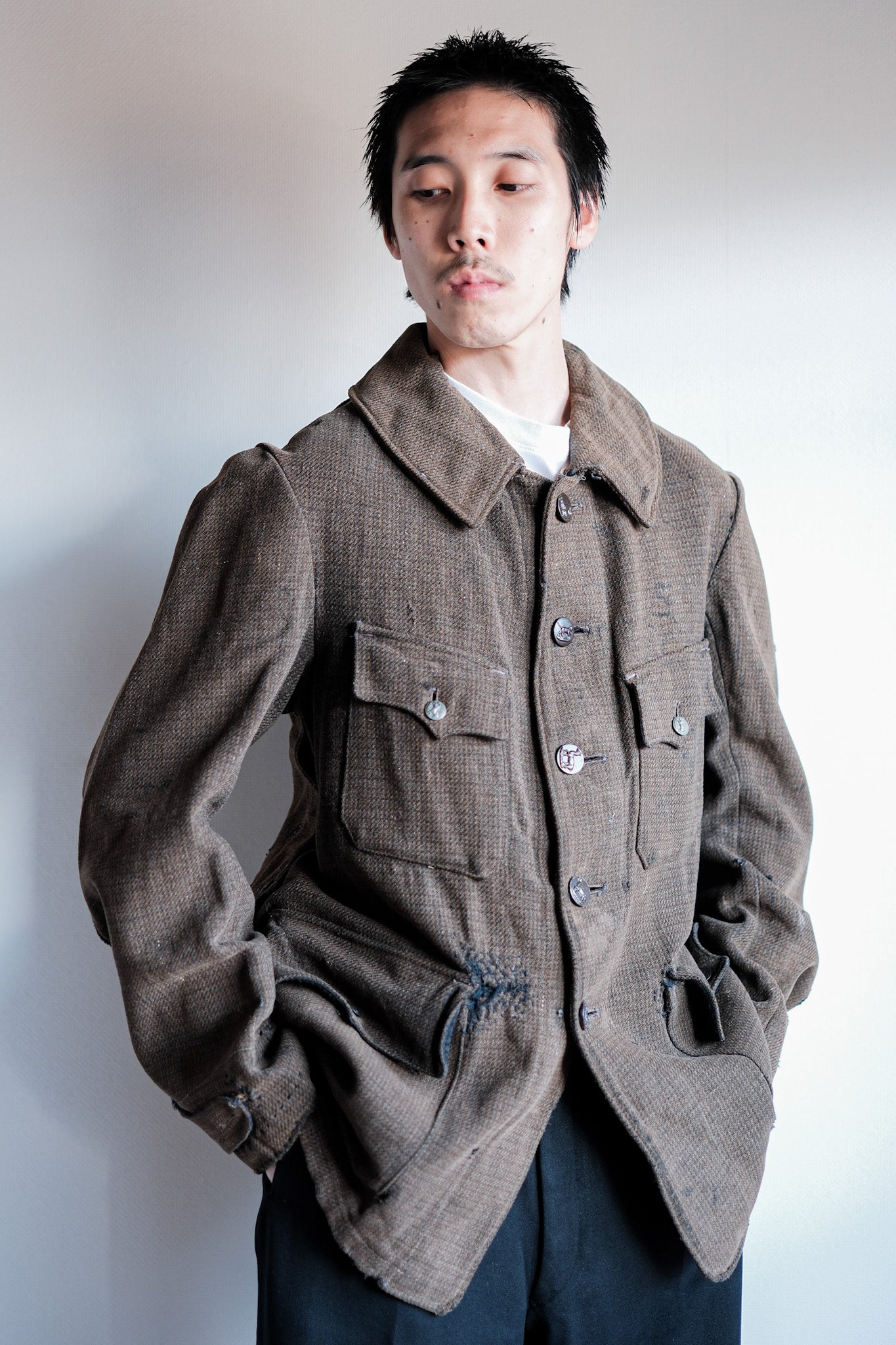 ［~30's］French Vintage Brown Wool Hunting Jacket "Boro"