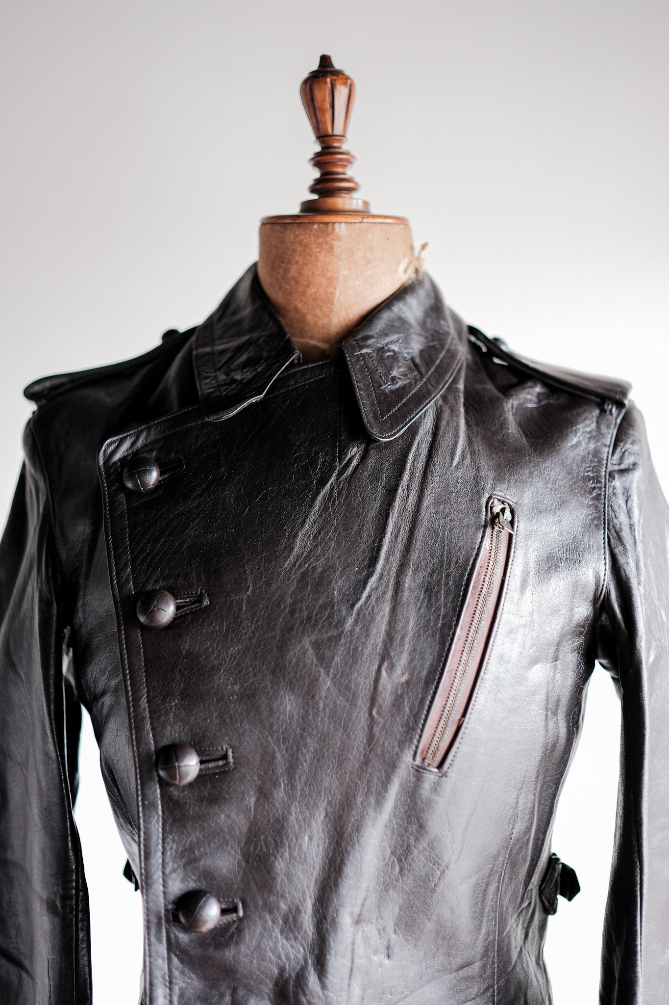 [~ 40's] French Vintage Motorcycle Leather Veste Taille.4 "MORT STOCK"