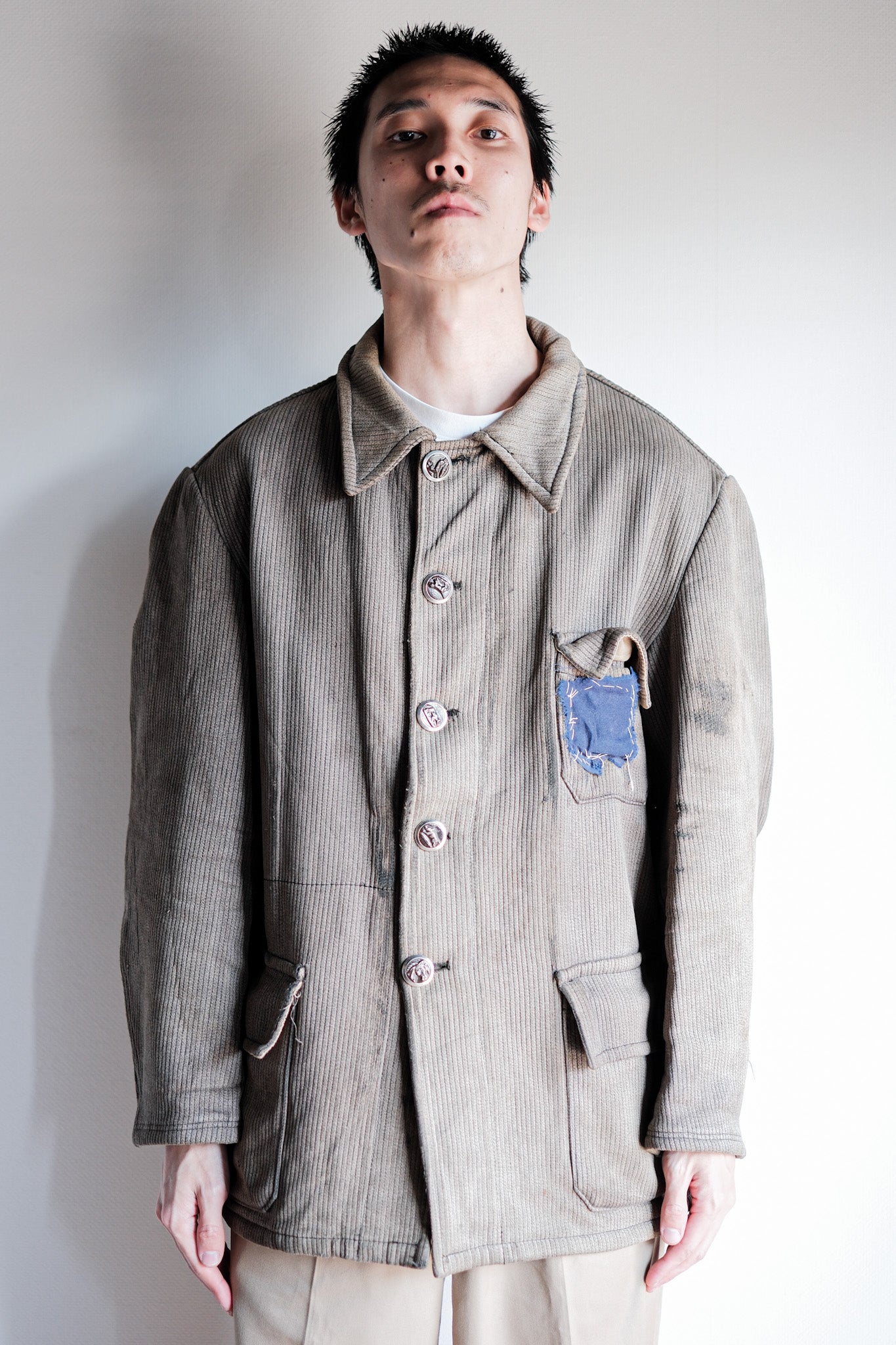 【~60's】French Vintage Brown Gray Cotton Pique Hunting Jacket Size.46