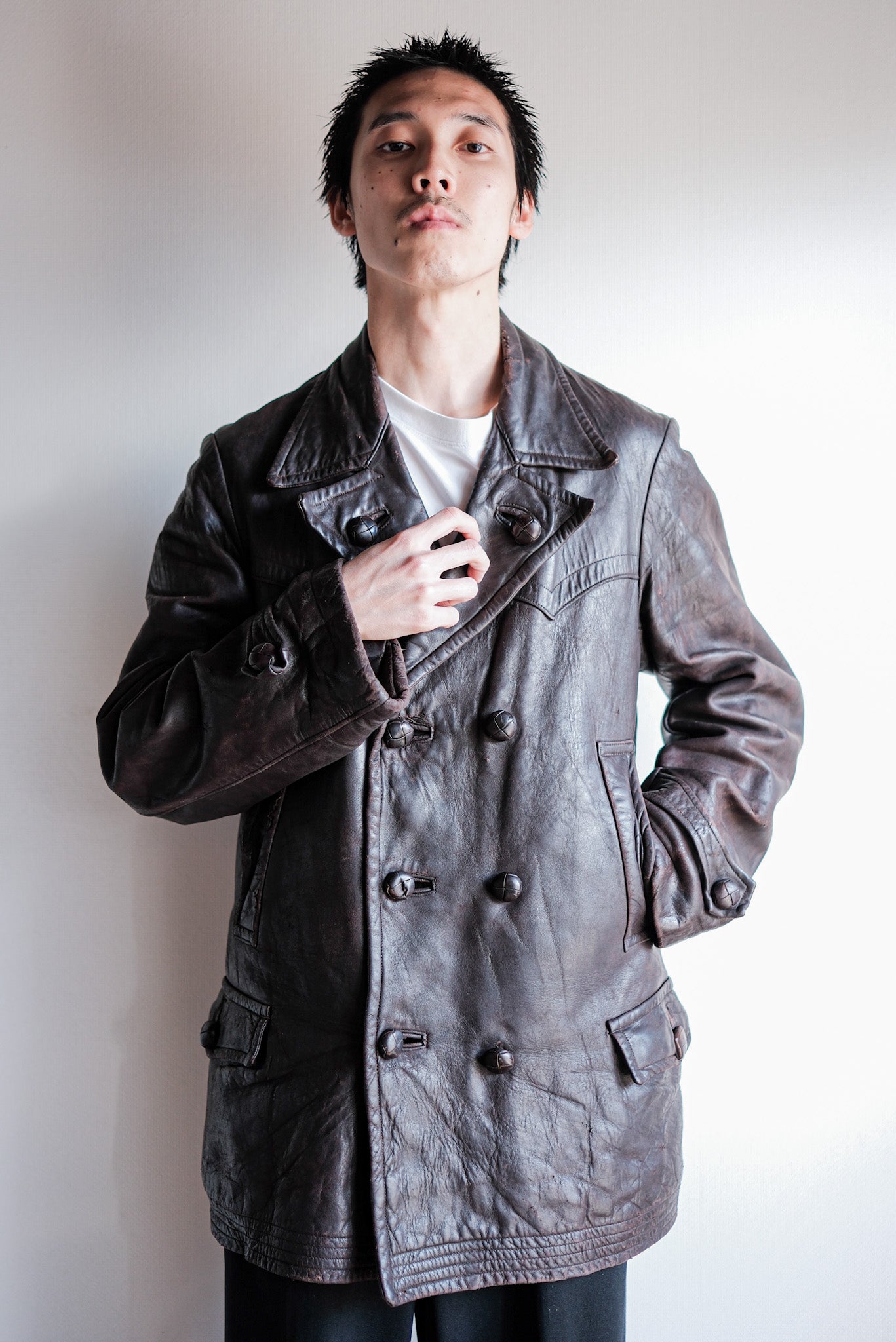 30's】German Vintage Double Breasted Motorcycle Leather Jacket