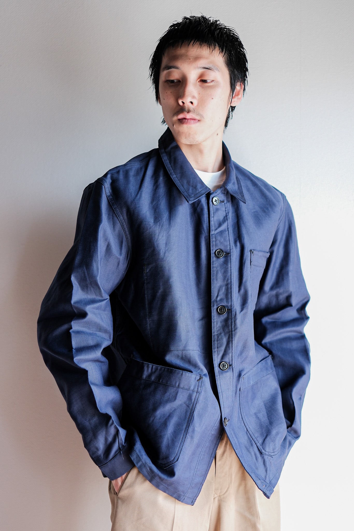 【~50's】French Vintage Blue Thin Twill Work Jacket "Vulcain" "Dead Stock"