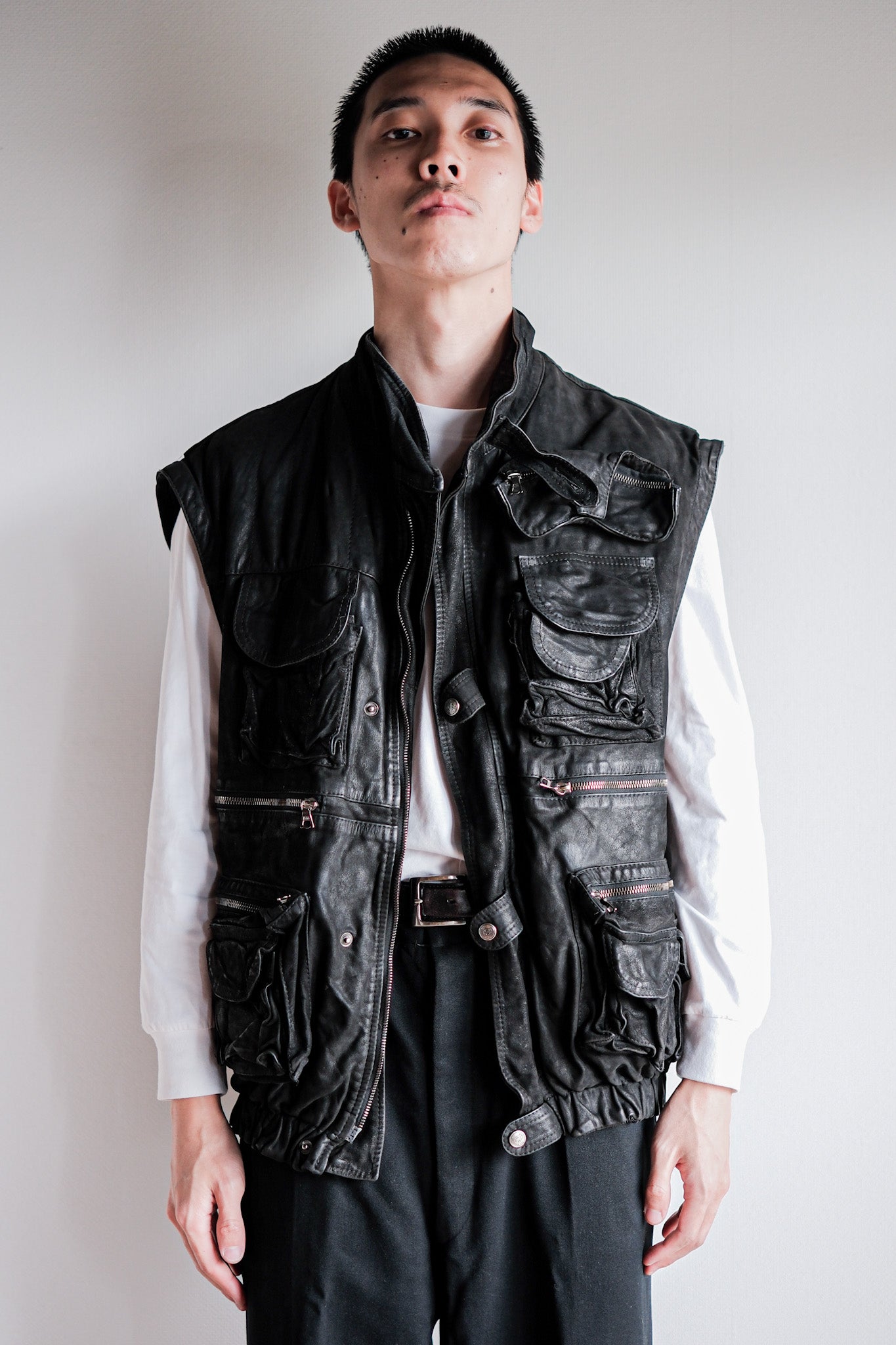 ［~90's］Old Renoma Paris Black Leather Detachable Sleeve Multi Pocket Jacket Size.M