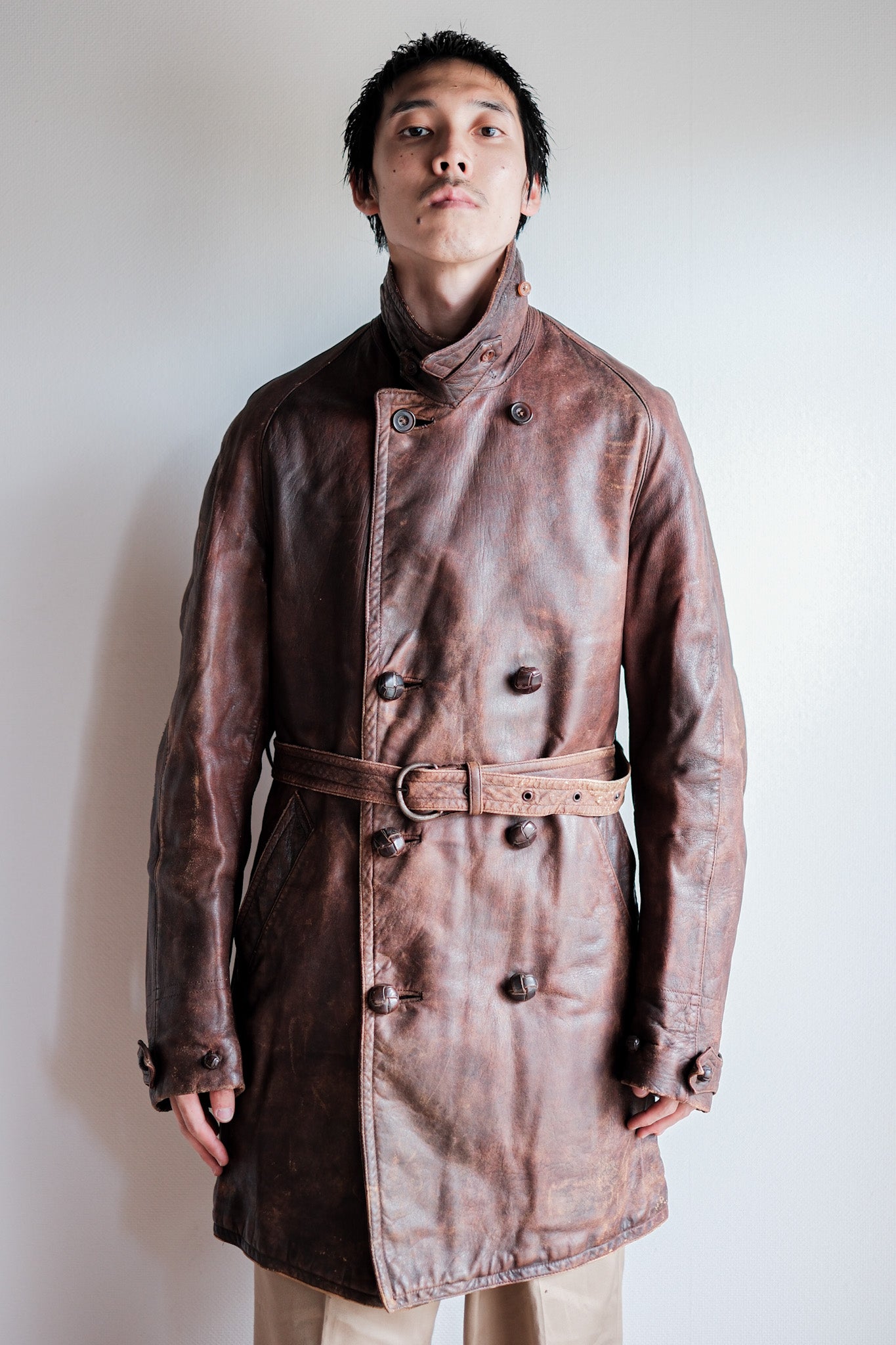 【~40's】French Vintage Double Breasted Brown Leather Coat With Chin Strap
