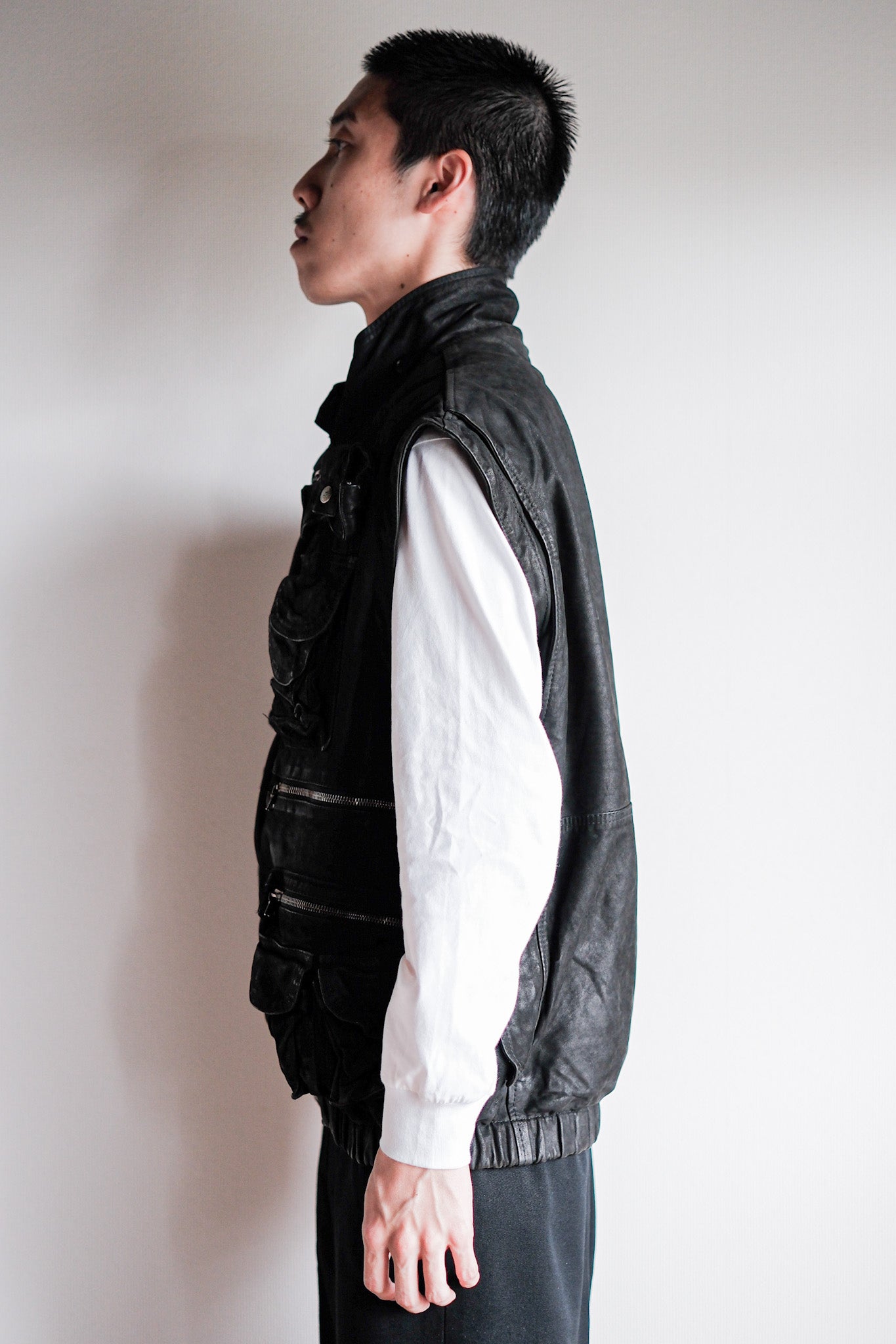 ［~90's］Old Renoma Paris Black Leather Detachable Sleeve Multi Pocket Jacket Size.M