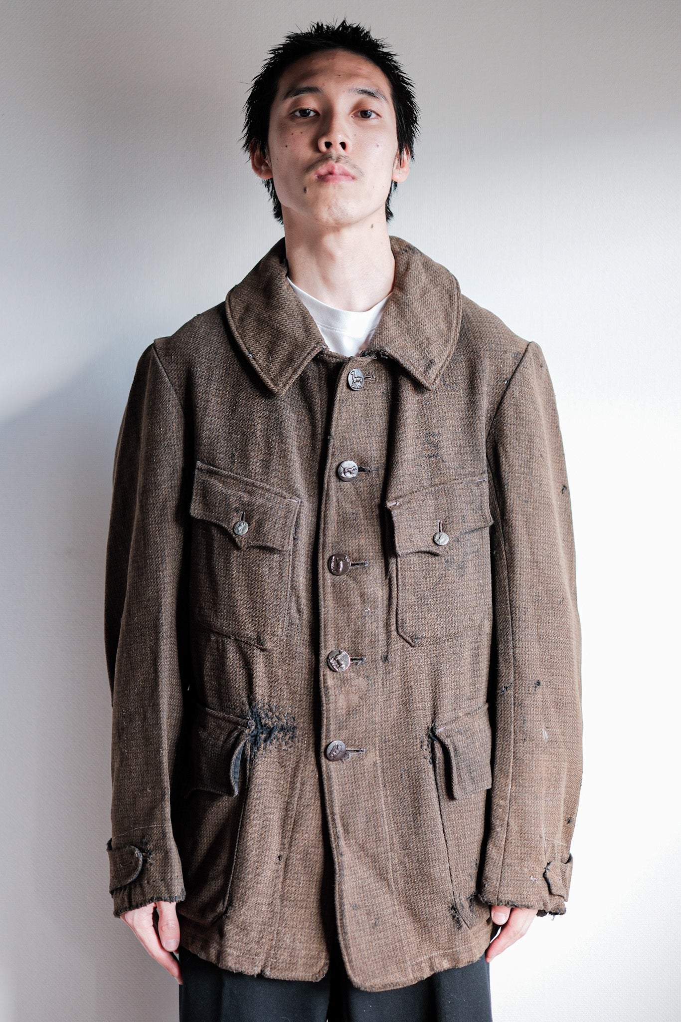［~30's］French Vintage Brown Wool Hunting Jacket "Boro"