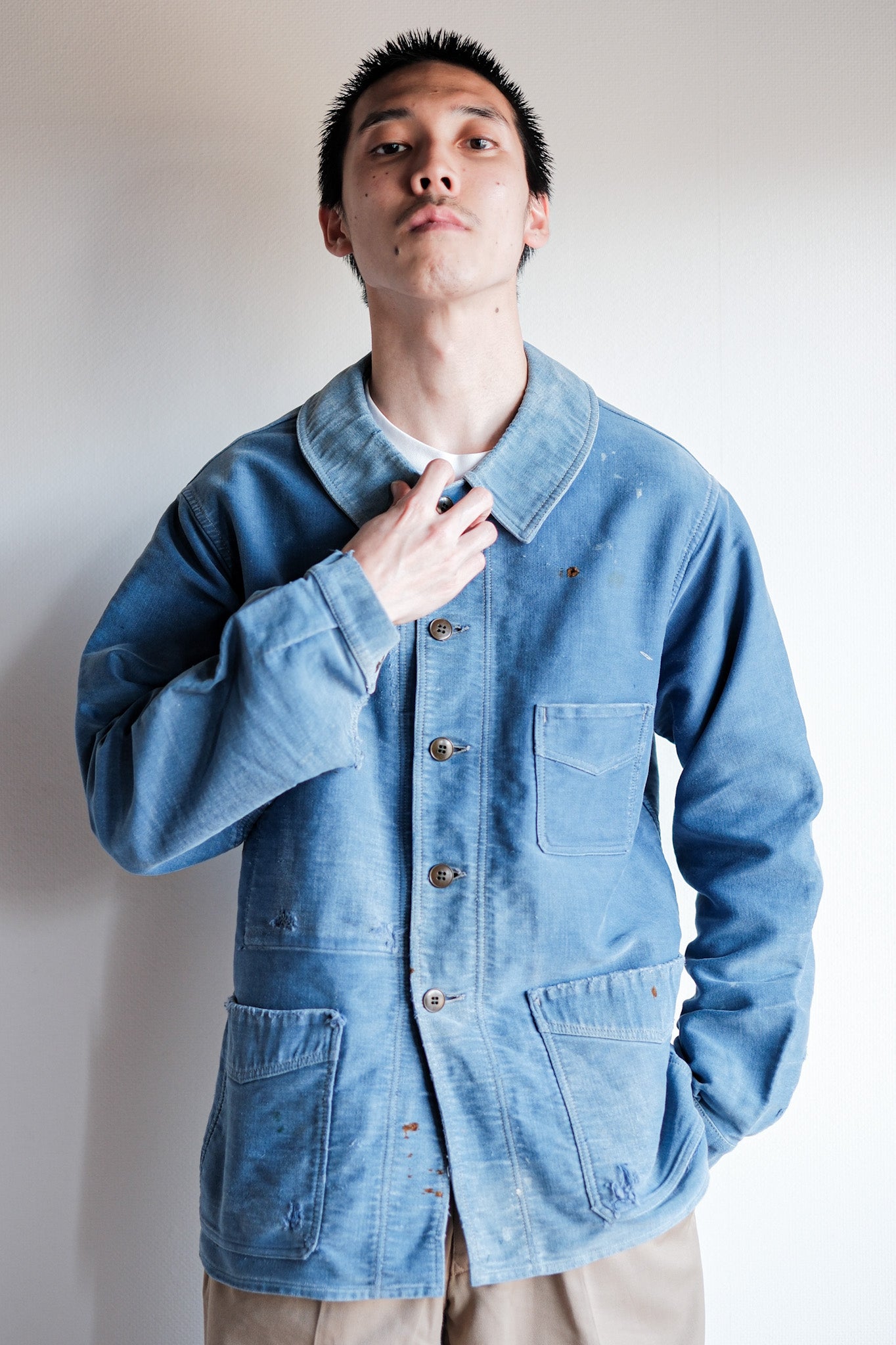 [~ 40's] French Vintage Blue Moleskin Work Jacket "Le Mont St. Michel"