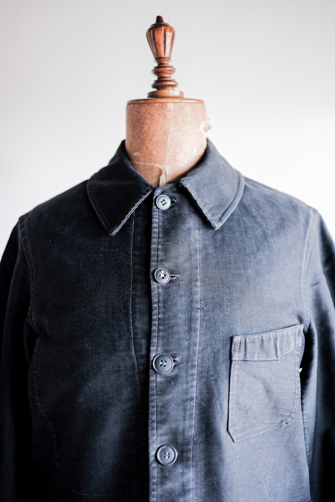 [~ 40 '] 프랑스 빈티지 블랙 몰스킨 작업 재킷 "특이한 주머니"