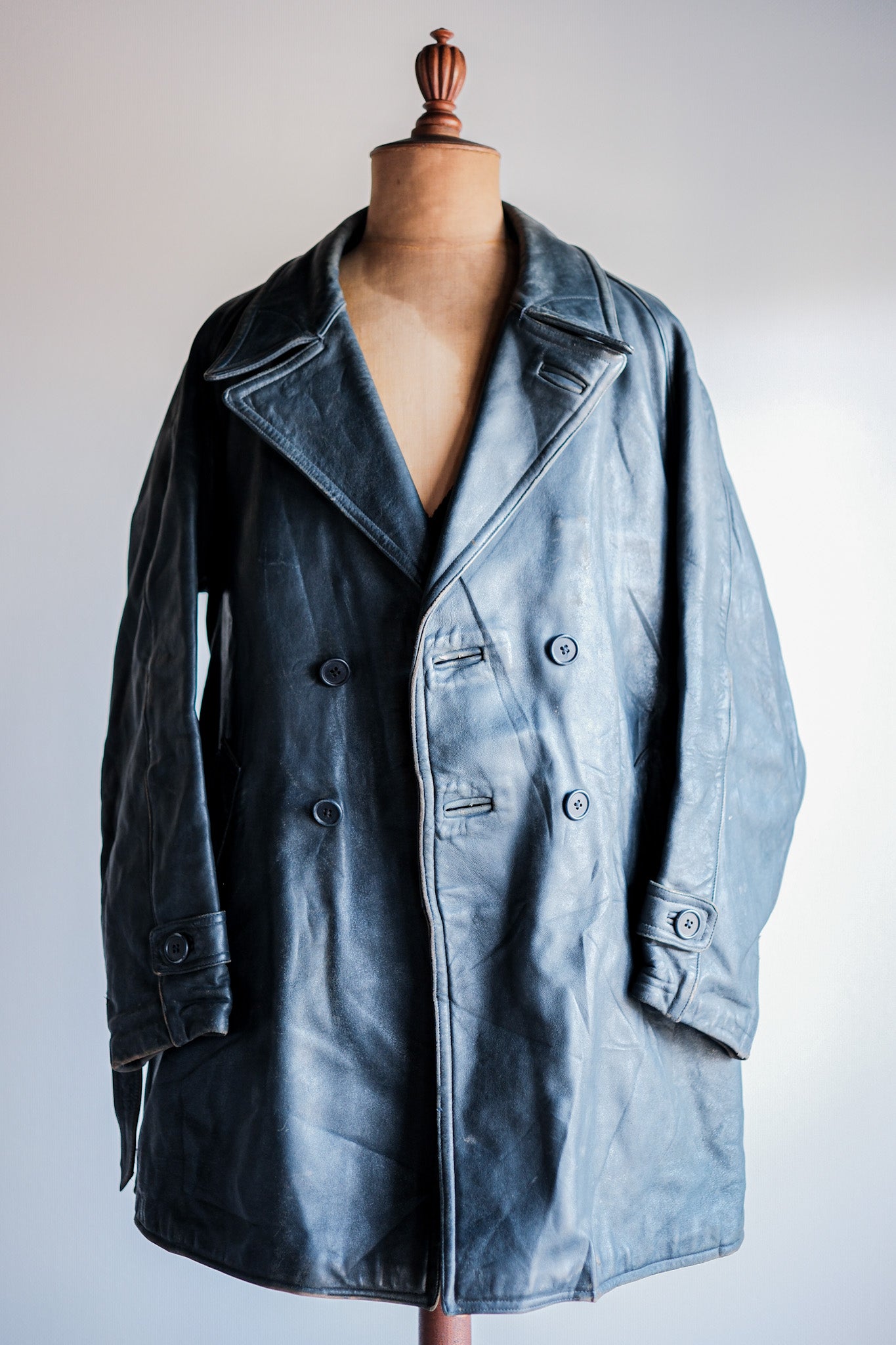 ［~50's］French Vintage Double Breasted Leather Work Coat With Chin Strap