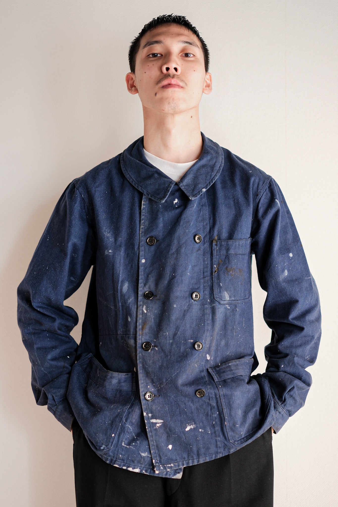 ［~50's］French Vintage Double Breasted Indigo Cotton Twill Work Jacket "Crazy Paint"