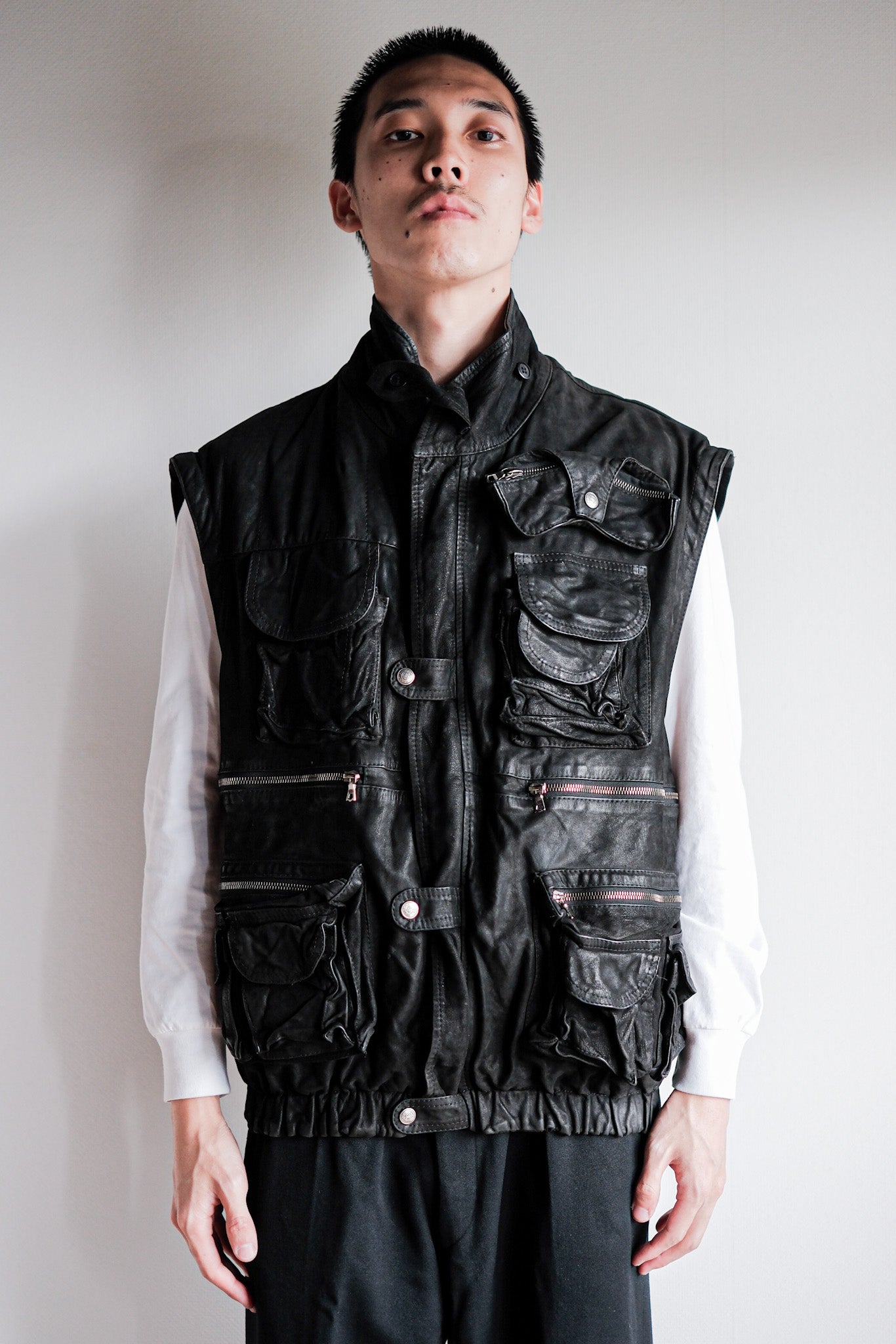 ［~90's］Old Renoma Paris Black Leather Detachable Sleeve Multi Pocket Jacket Size.M