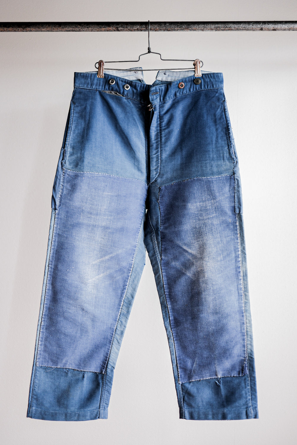 【~30's】French Vintage Blue Moleskin Work Pants "Patchwork"