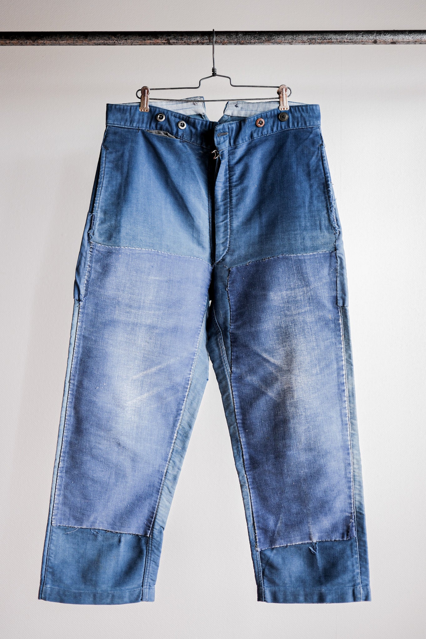 【~30's】French Vintage Blue Moleskin Work Pants "Patchwork"