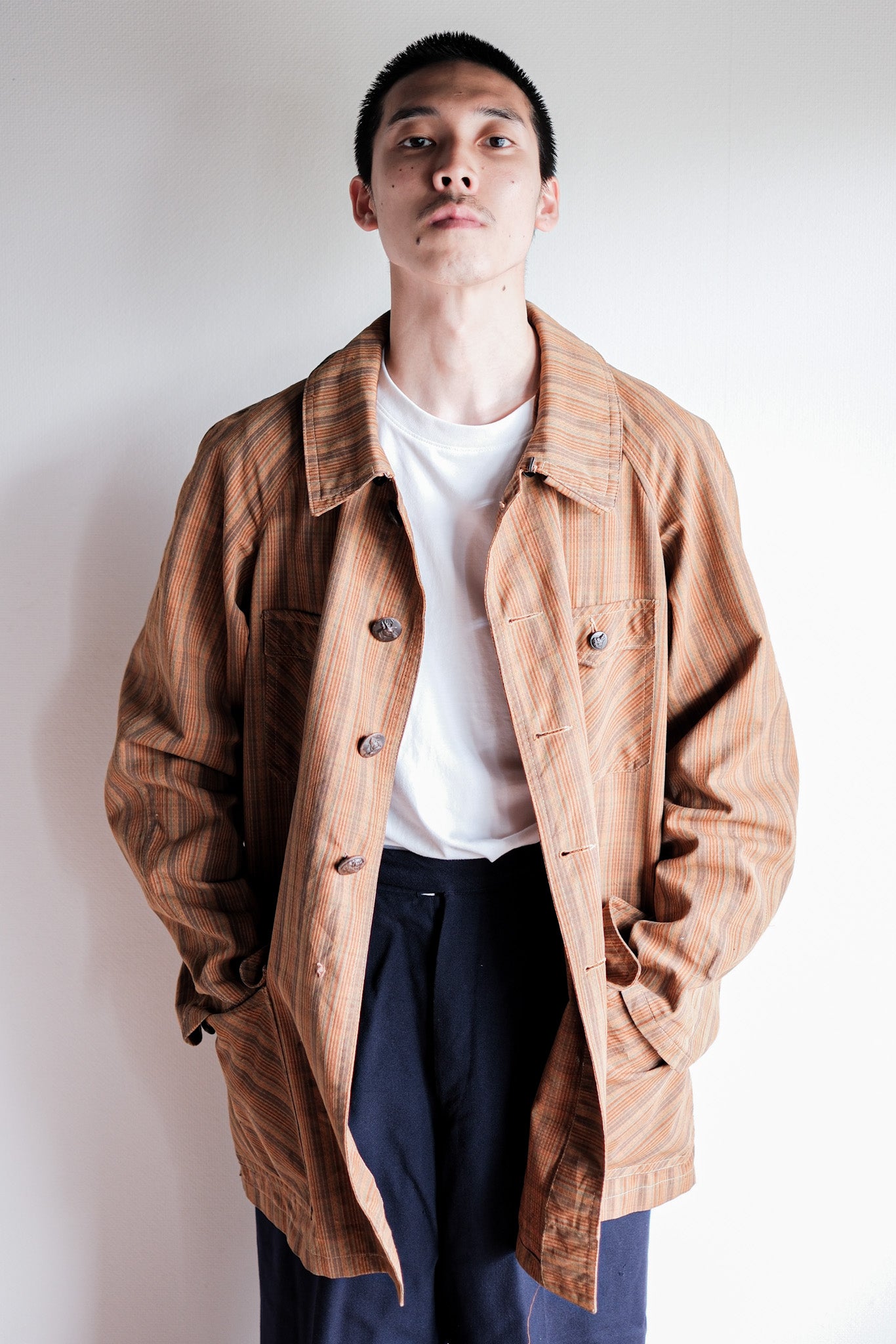 ［~50's］French Vintage Brown Cotton Striped Raglan Sleeve Hunting Jacket With Chin Strap "Unusual Pattern"