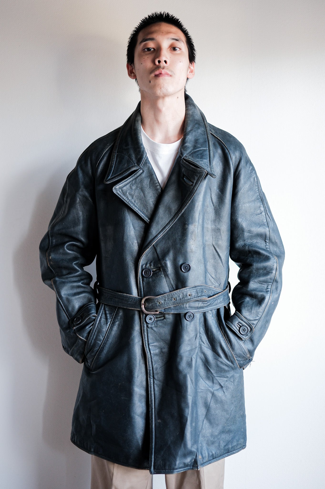 50's] French Vintage Double Breasted Leather Work COAT WITH CHITH C