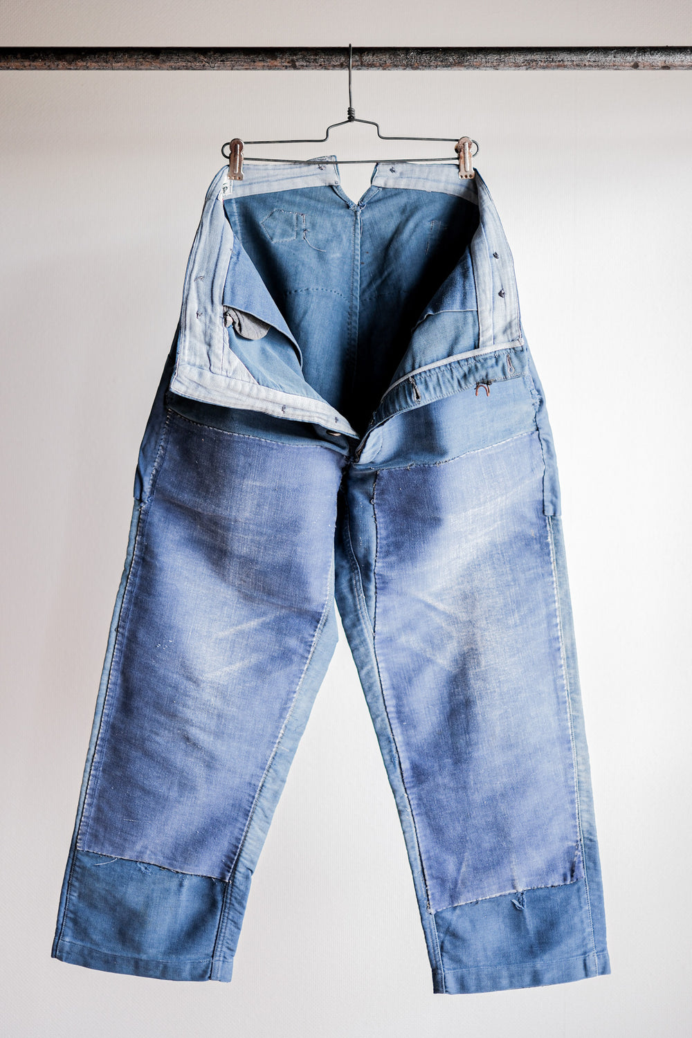【~30's】French Vintage Blue Moleskin Work Pants "Patchwork"