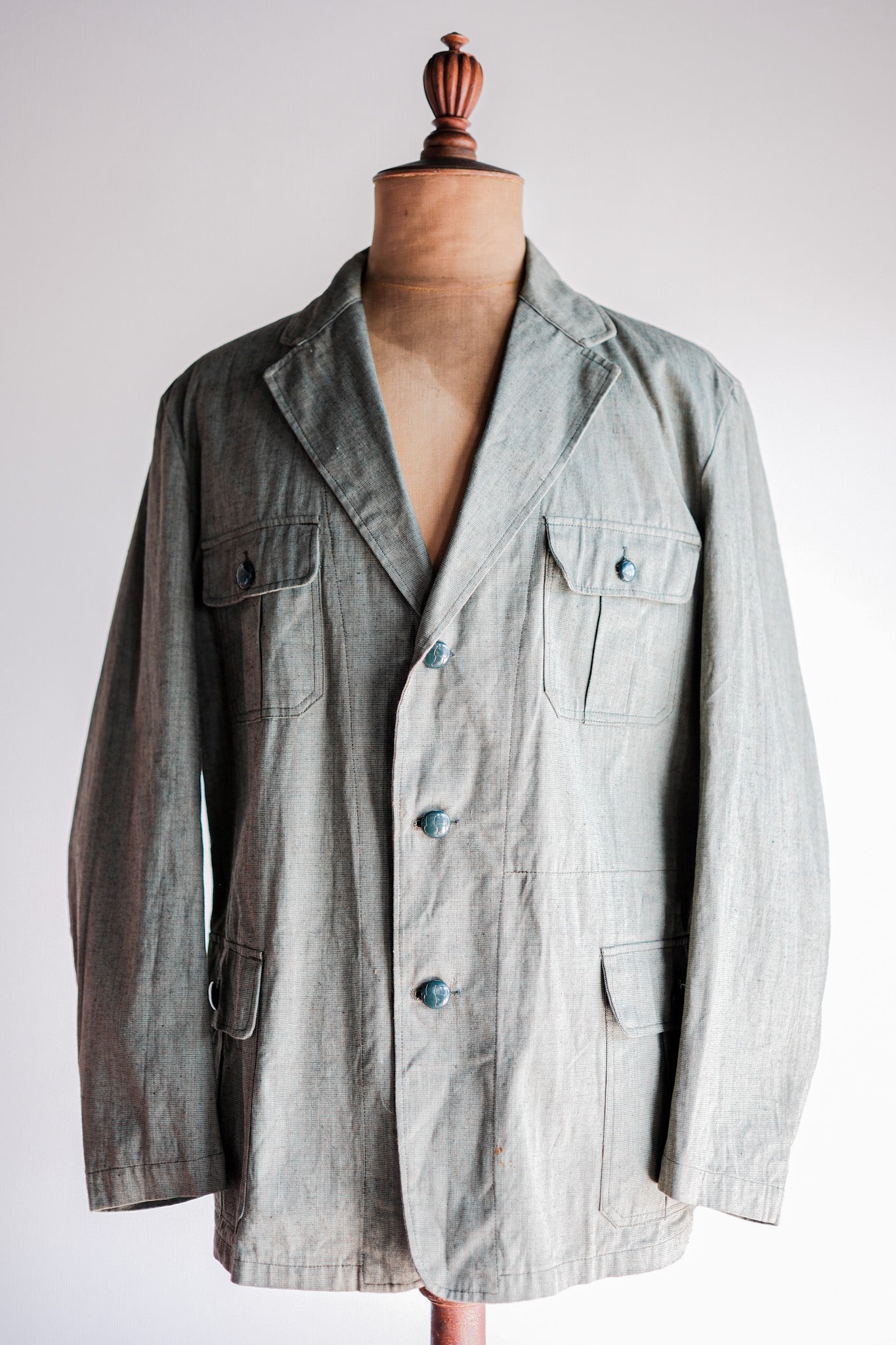 ［~40's］German Vintage Green Chambray 4 Pockets Lapel Work Jacket “Dead Stock”